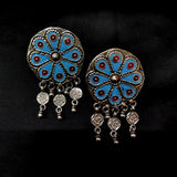 Big Traditional Flower Blue Print Antique Solid 925 Silver Earring