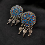 Big Traditional Flower Blue Print Antique Solid 925 Silver Earring