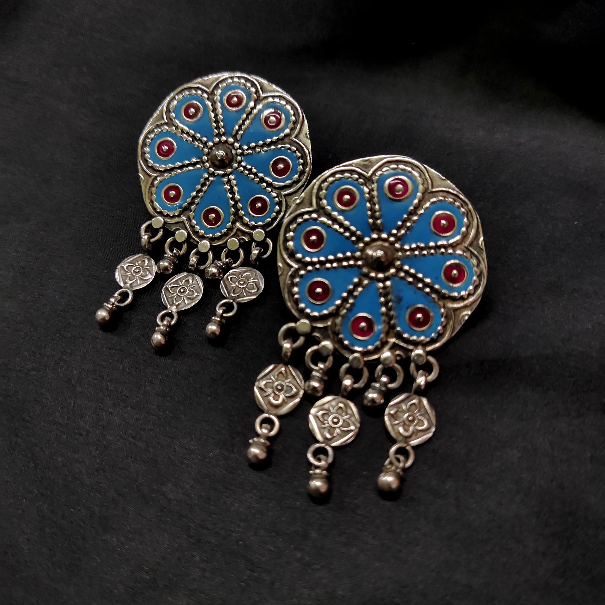 Big Traditional Flower Blue Print Antique Solid 925 Silver Earring
