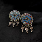 Big Traditional Flower Blue Print Antique Solid 925 Silver Earring