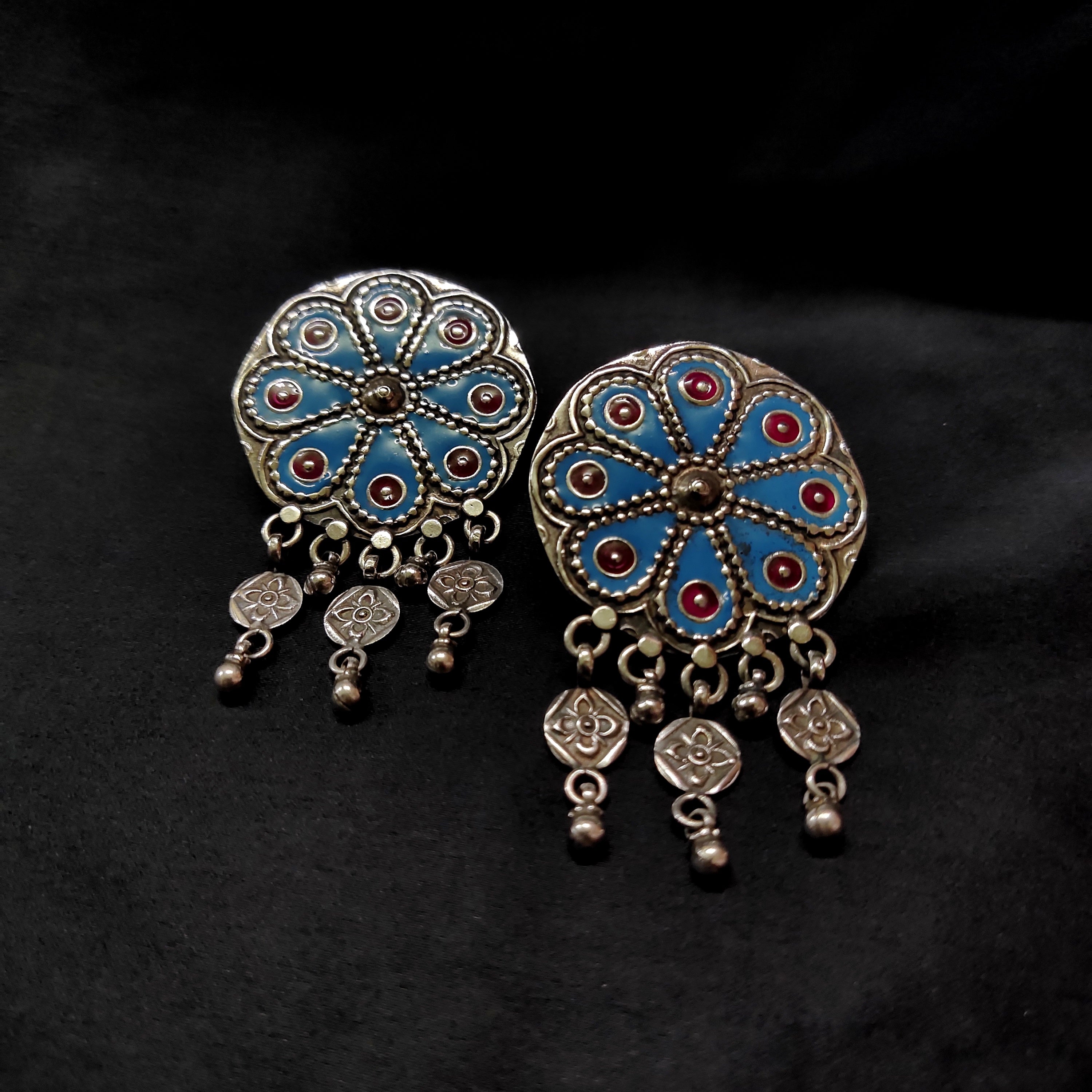 Big Traditional Flower Blue Print Antique Solid 925 Silver Earring