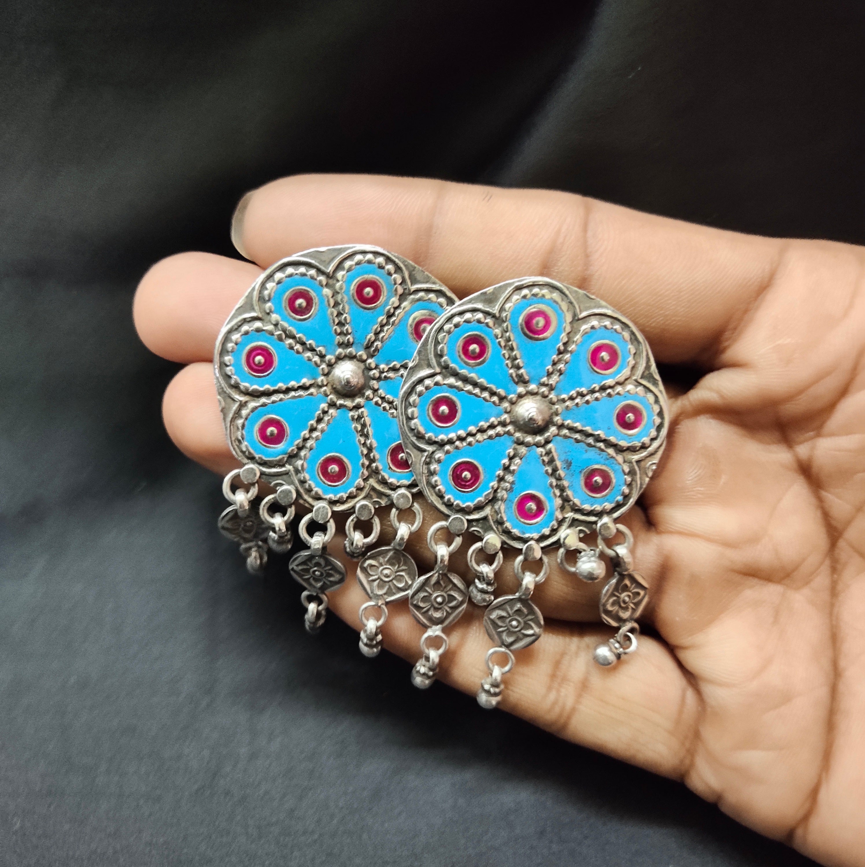 Big Traditional Flower Blue Print Antique Solid 925 Silver Earring