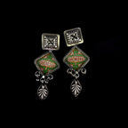 Old Vintage Style Floral Print Leaf Dangle In Solid 925 Silver Earring