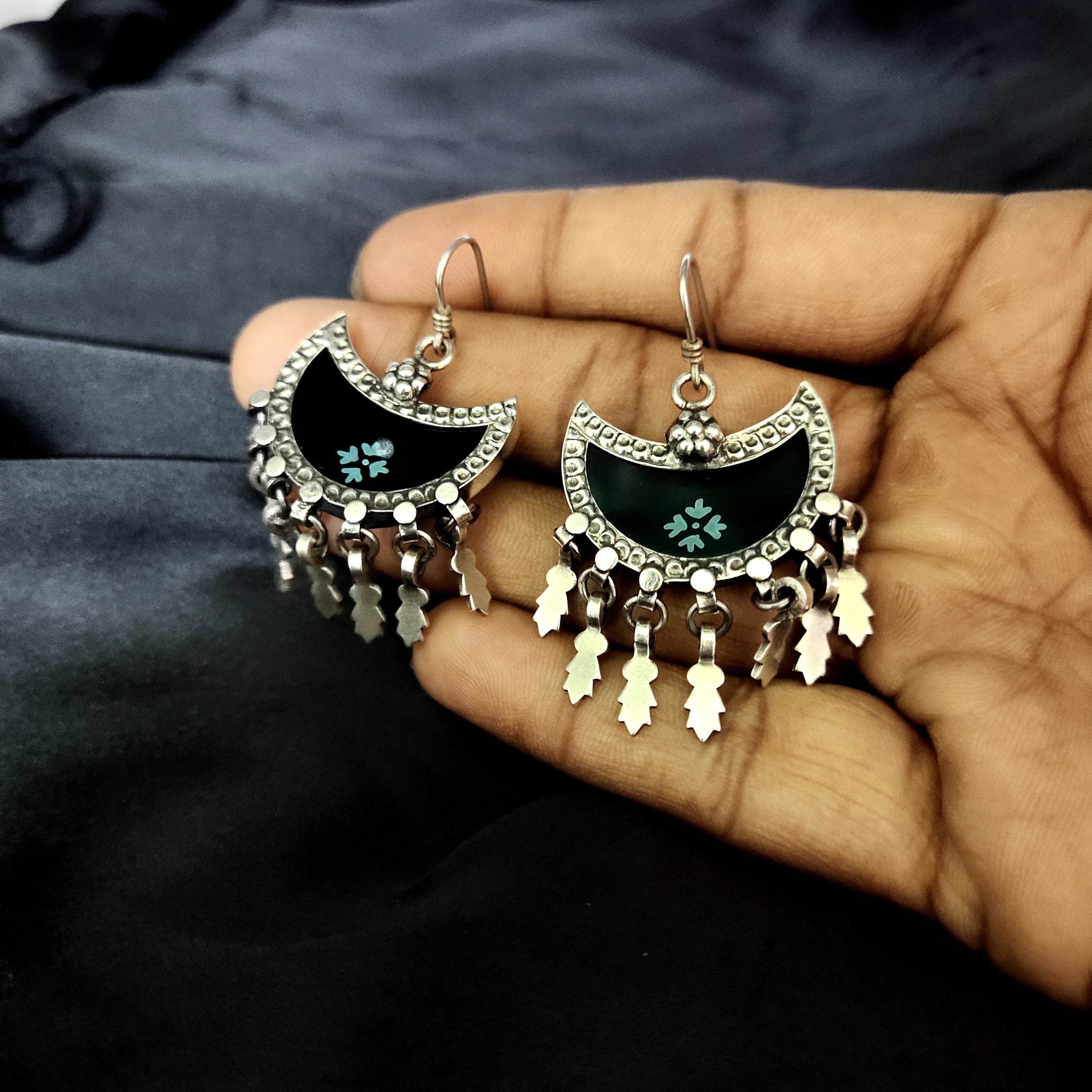 Solid 925 Silver Classy Handmade Half Moon Design Hook Earring