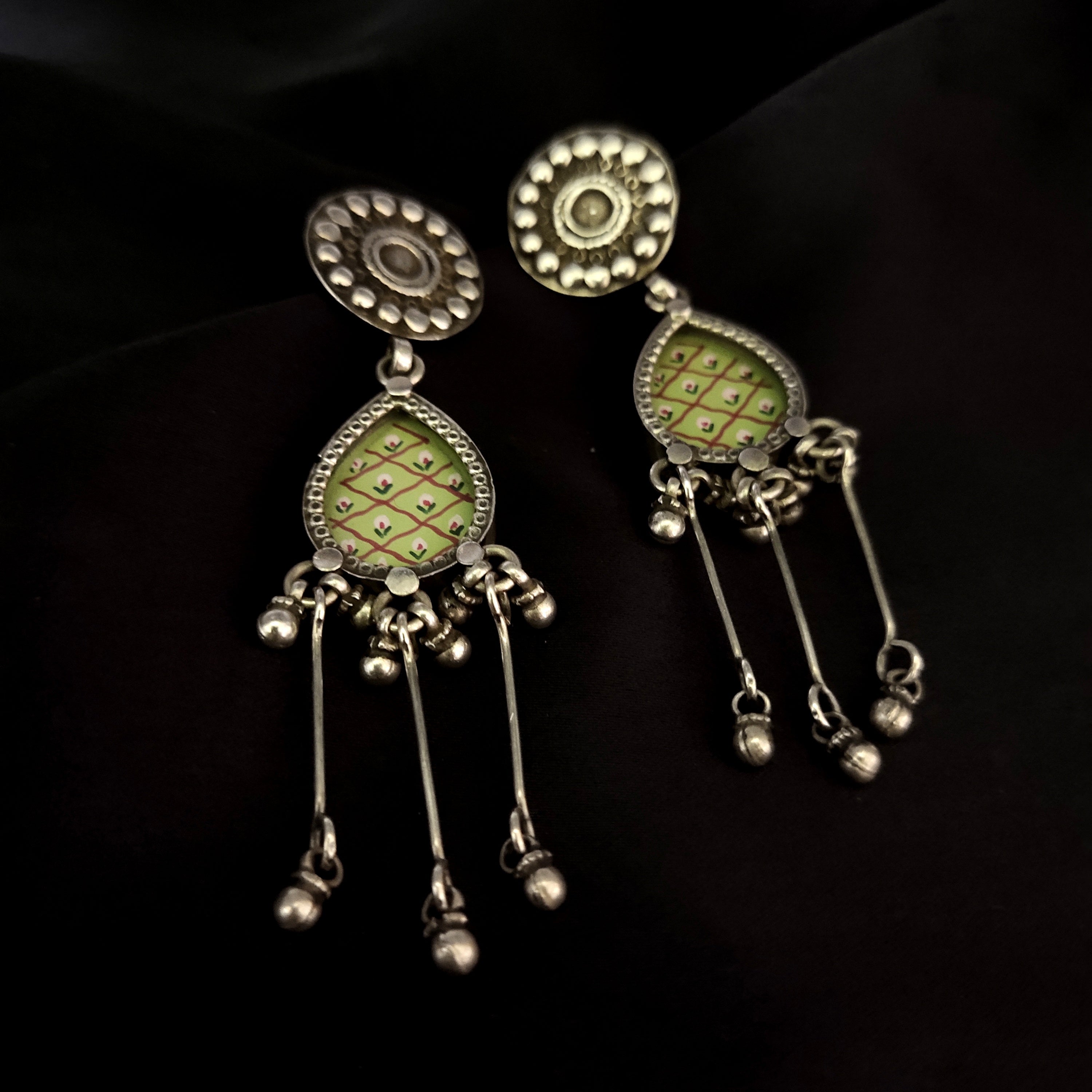 Antique Circle With Pear Shape Dangle Art Deco 925 Silver Earring