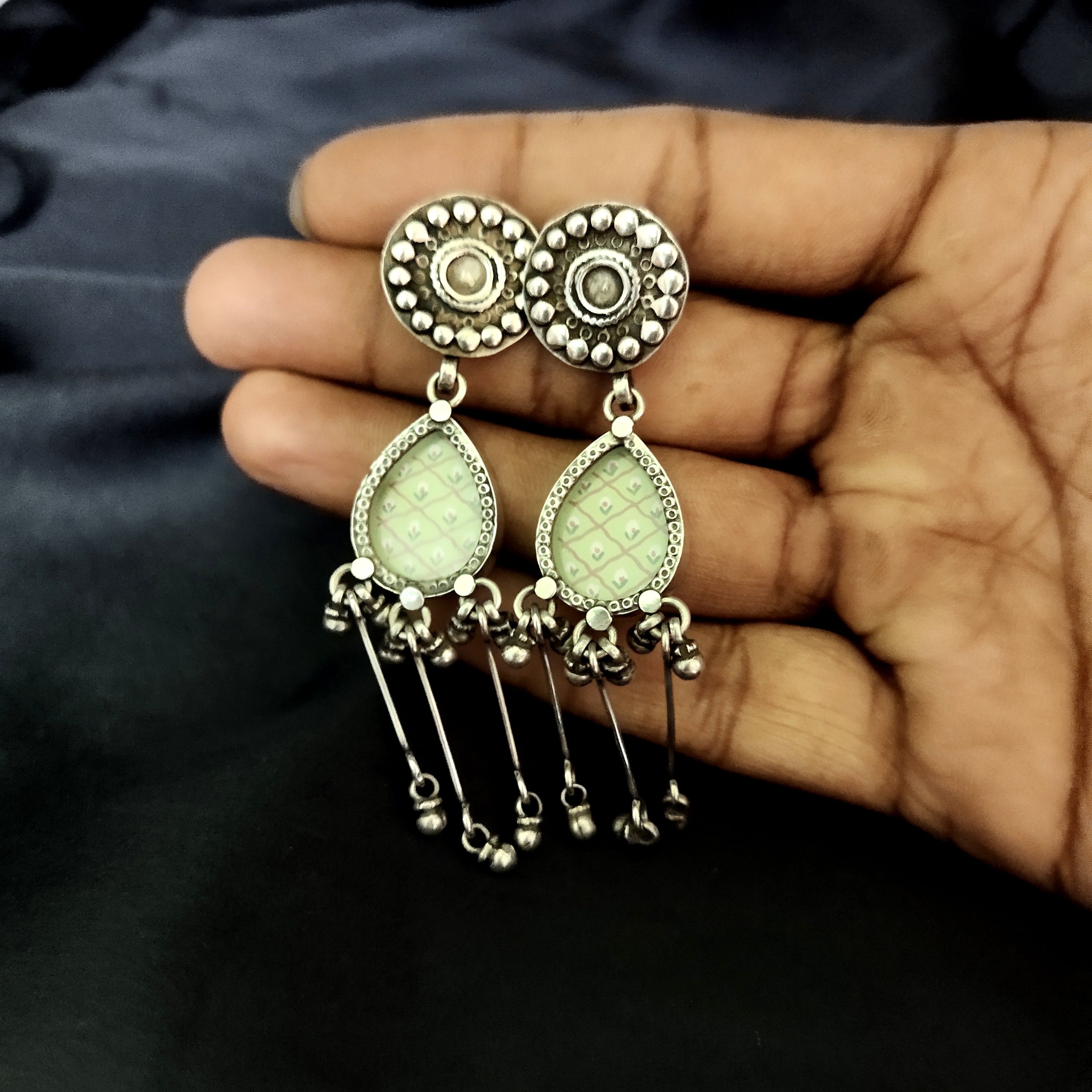 Antique Circle With Pear Shape Dangle Art Deco 925 Silver Earring