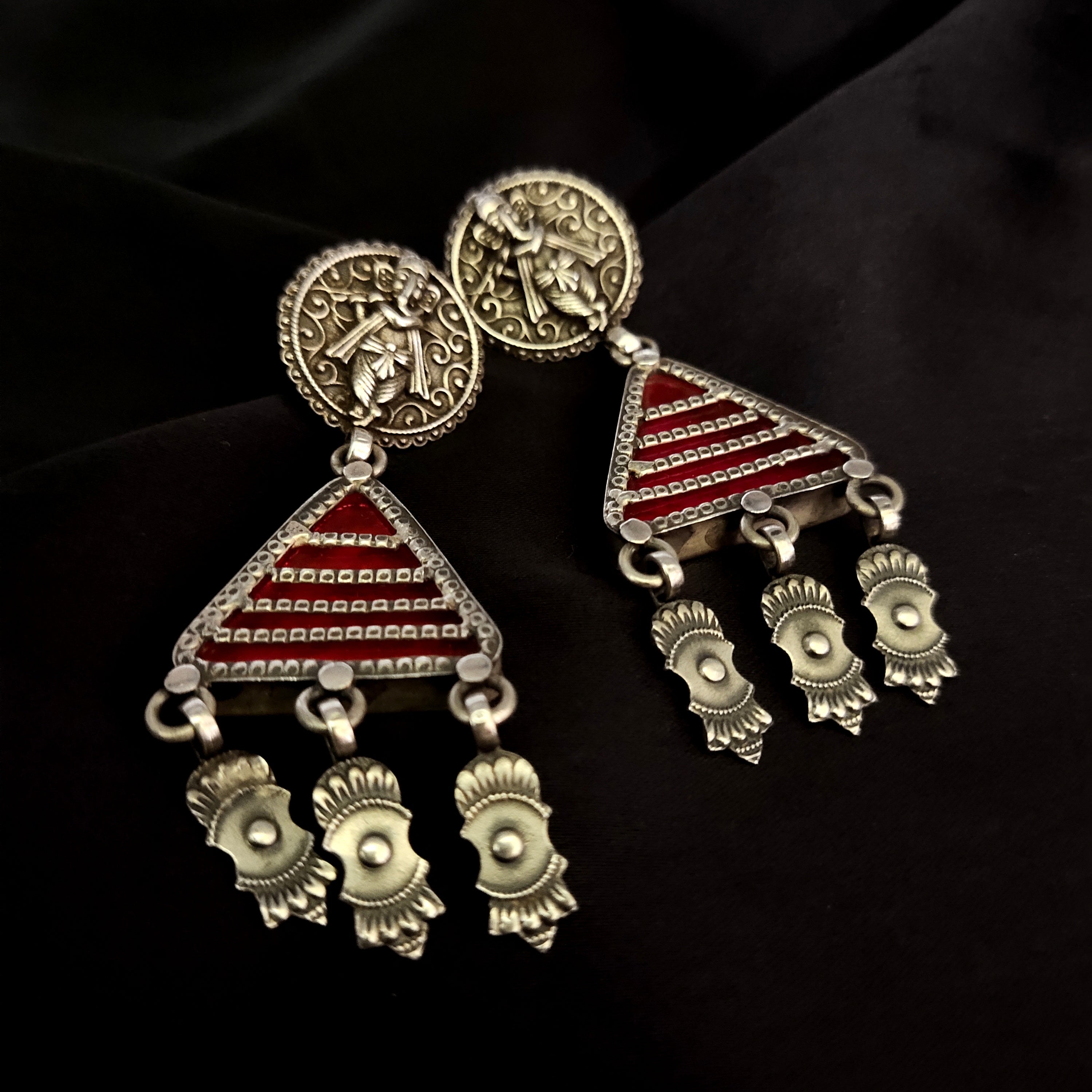 Handmade Antique Red Triangle With Ganpati In Solid 925 Silver Earring