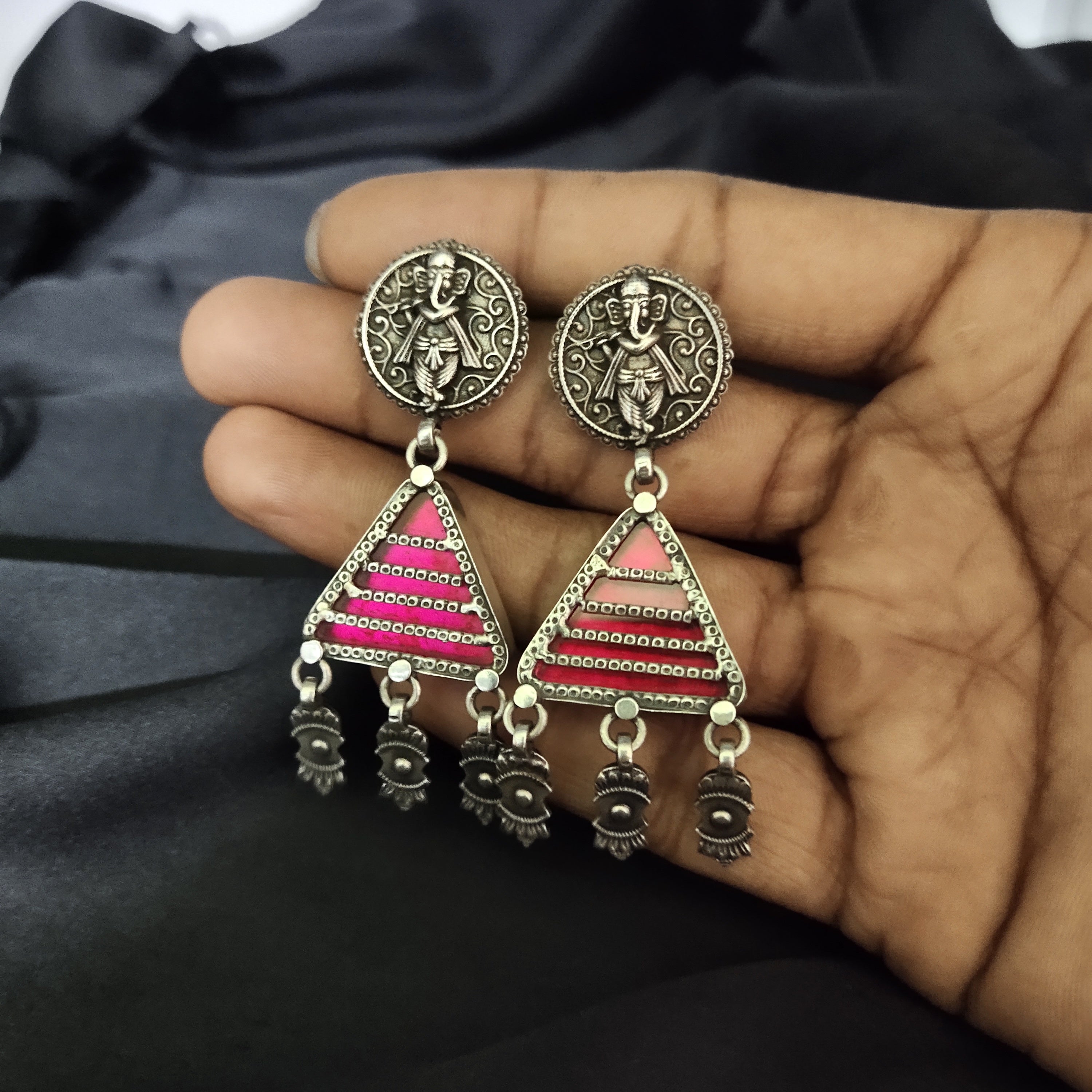 Handmade Antique Red Triangle With Ganpati In Solid 925 Silver Earring