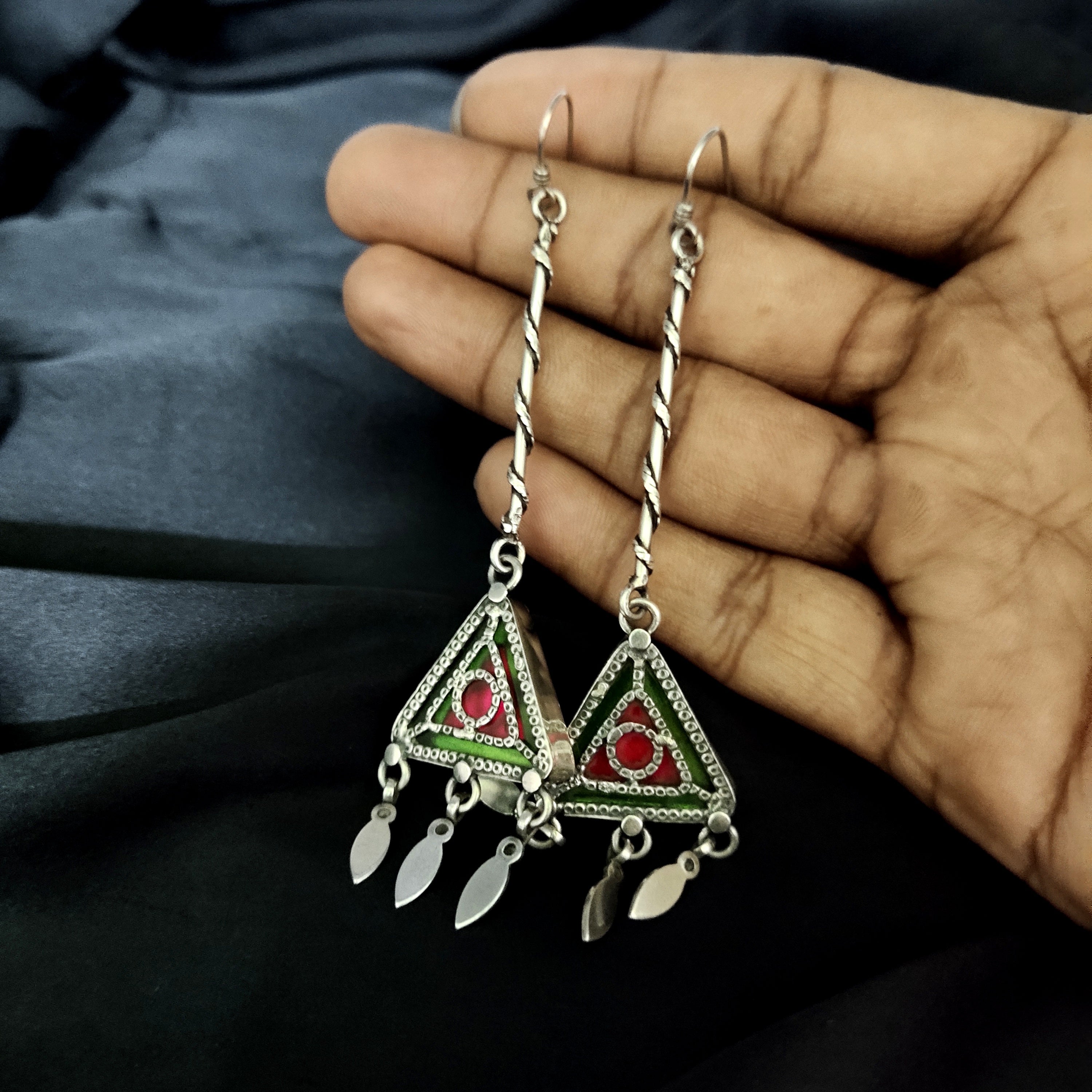 Vintage Twisted Stick With Triangle Dangle Solid 925 Silver Earring