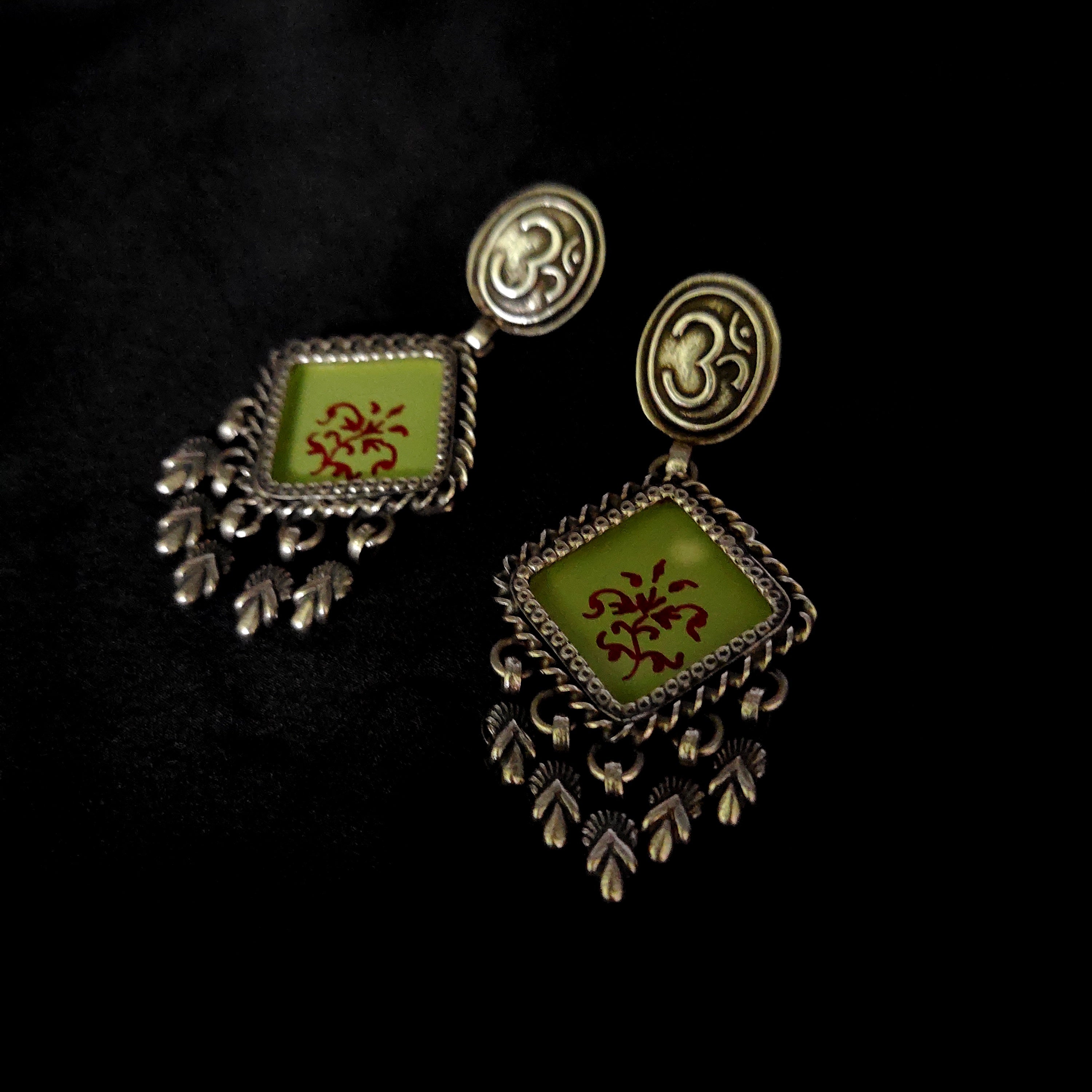 Parrot Green Floral Print With Handmade OM 925 Solid Silver Earring