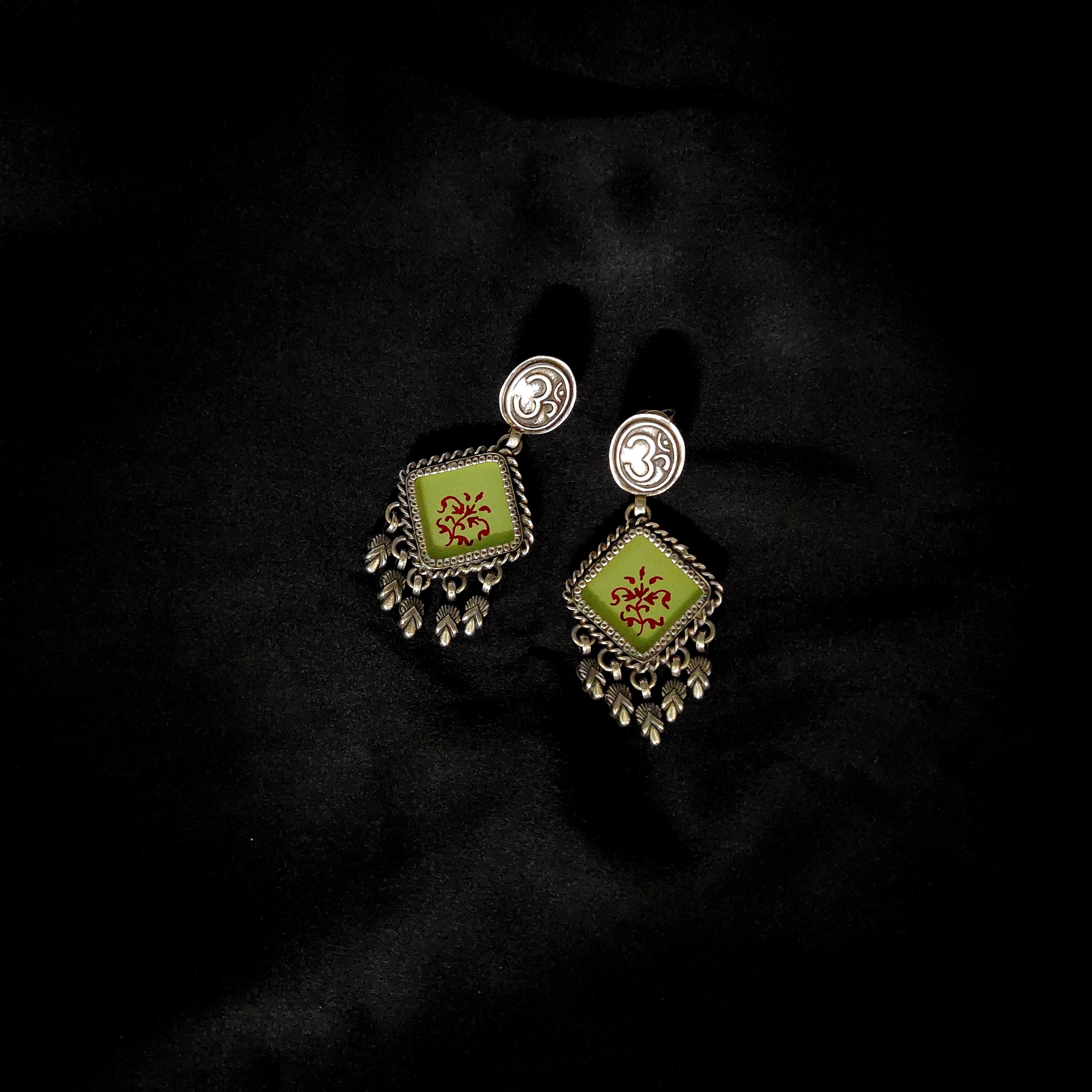 Parrot Green Floral Print With Handmade OM 925 Solid Silver Earring
