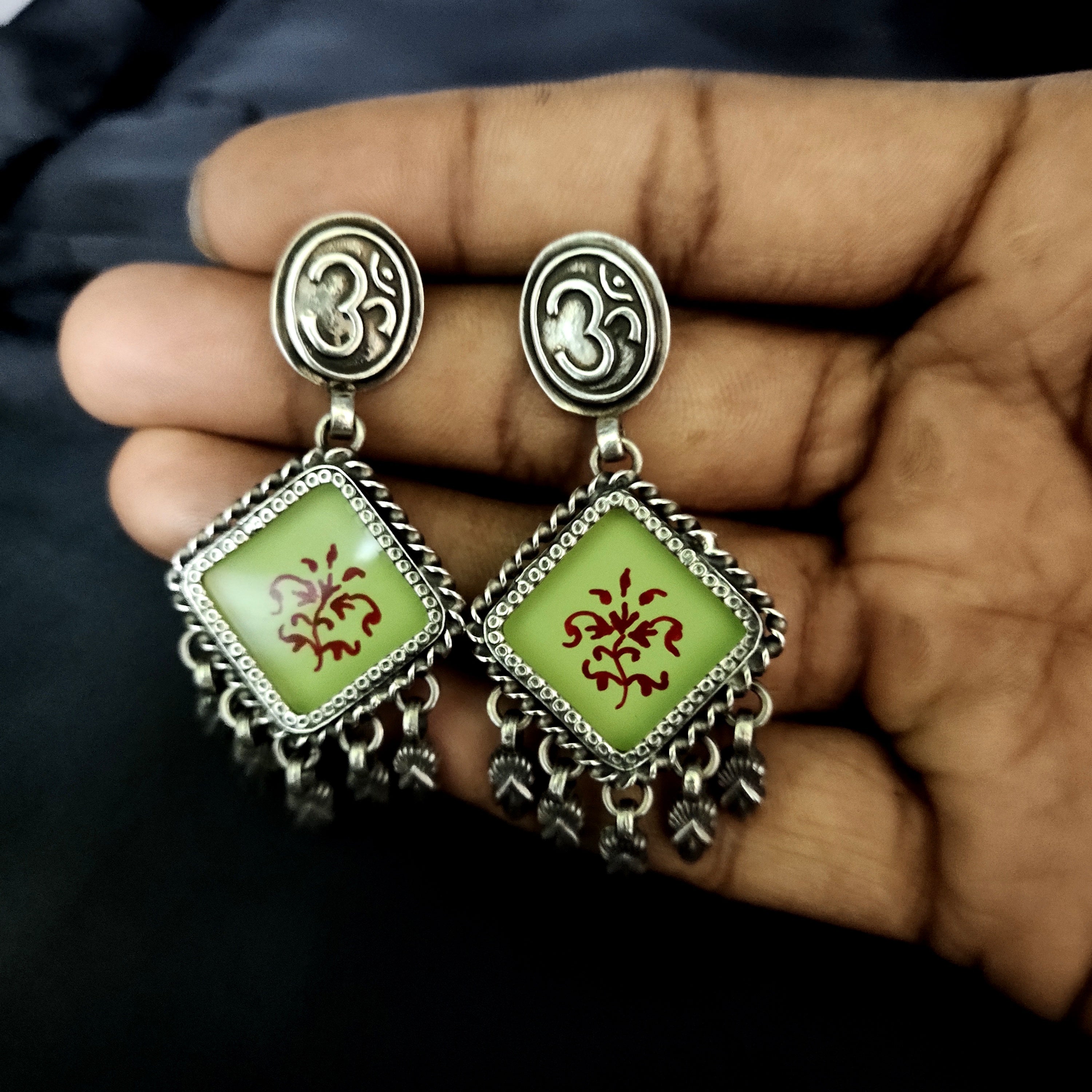 Parrot Green Floral Print With Handmade OM 925 Solid Silver Earring