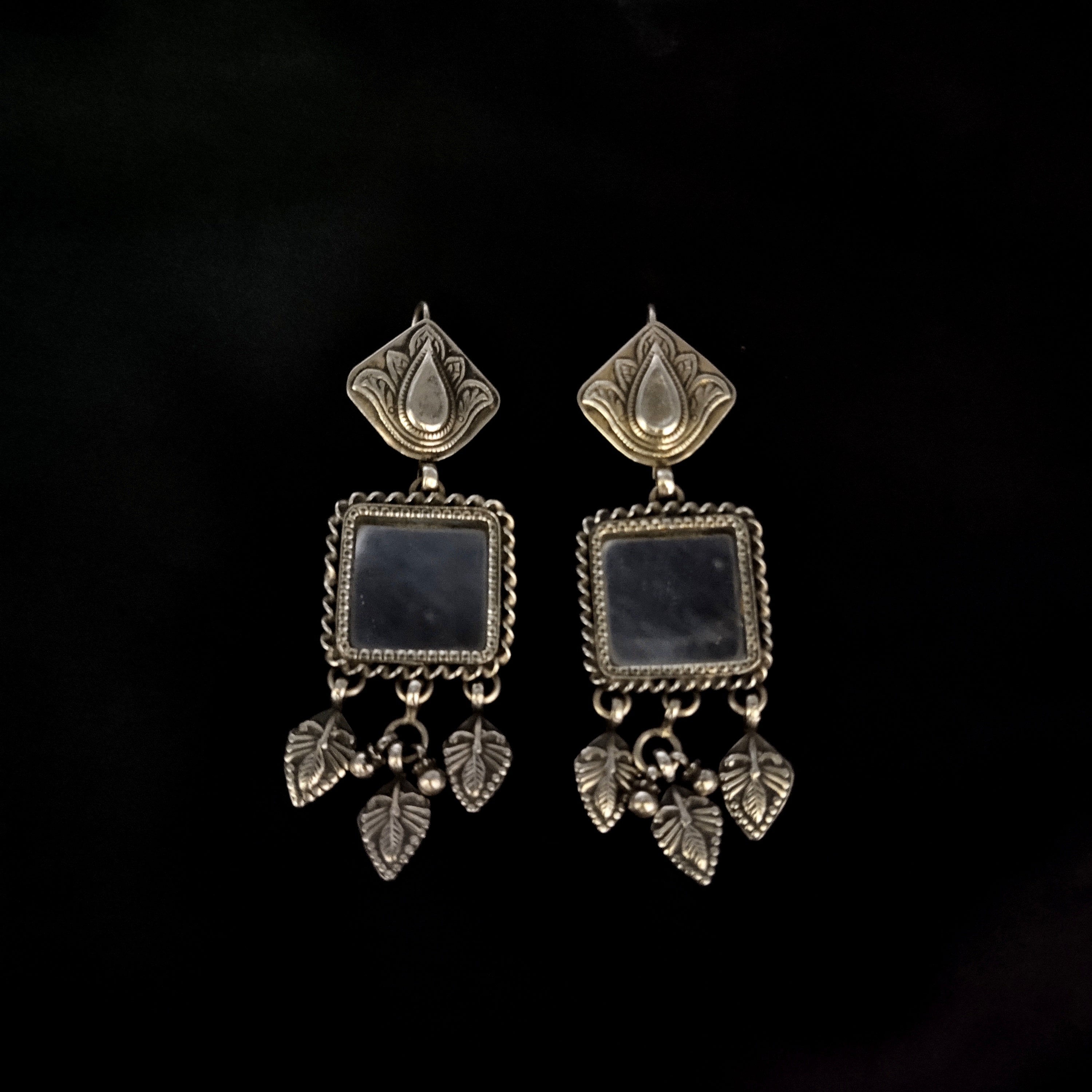 Sparkle Squre Mirror With Lotus Face Leaf Dangle Solid 925 Silver Earring