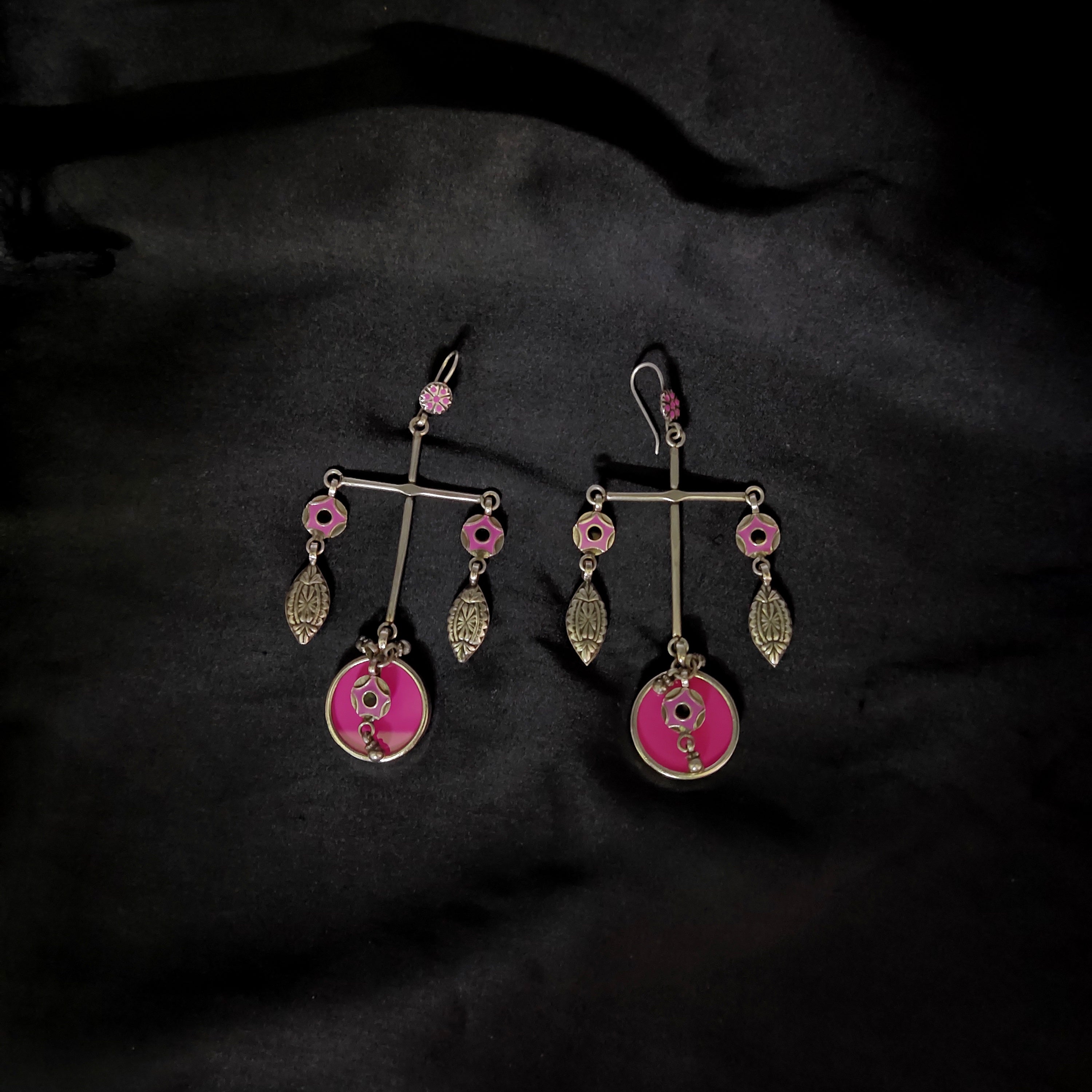 Antique Cross Design With Pink Circle & Flower Solid 925 Silver Earring