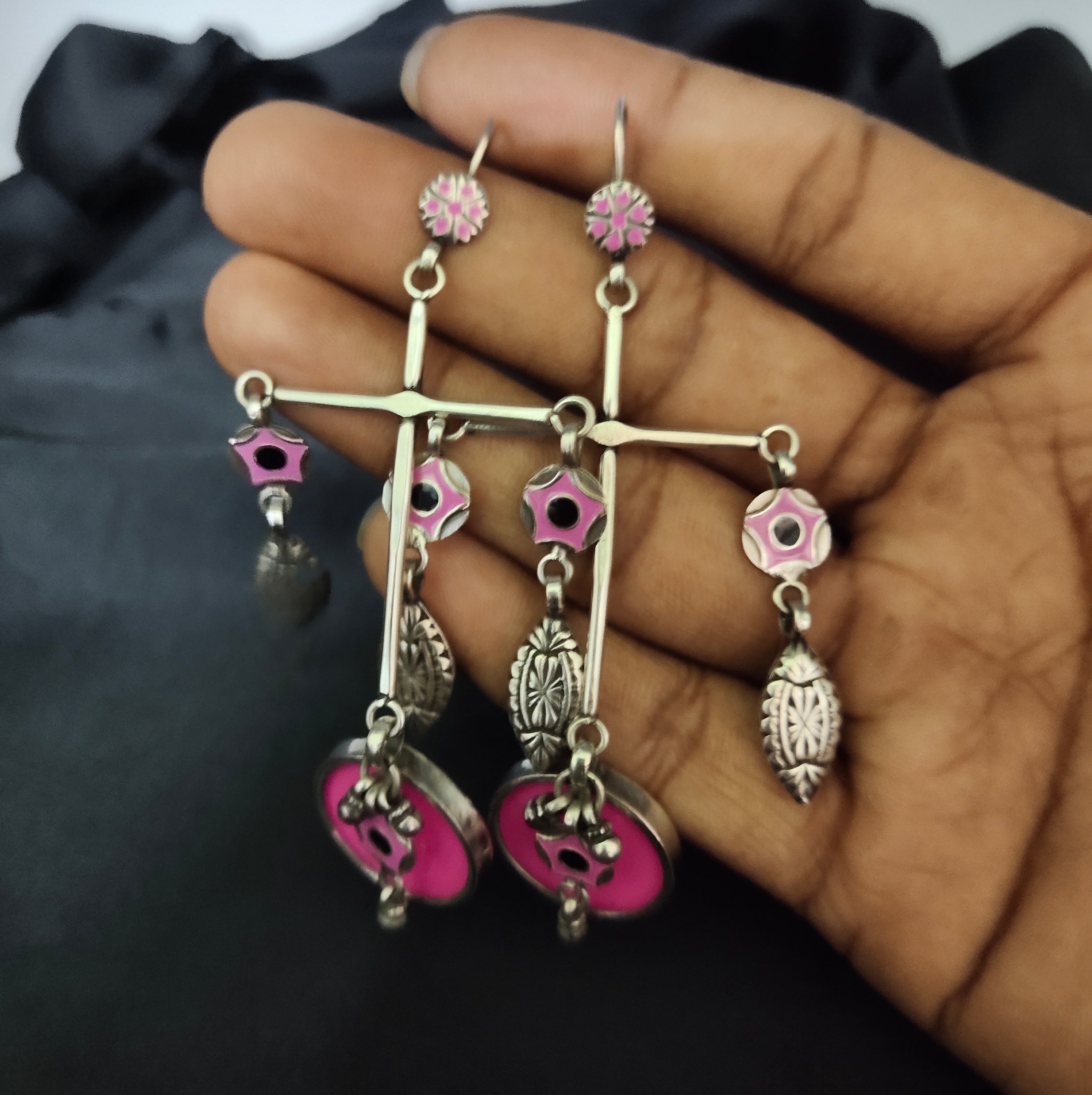 Antique Cross Design With Pink Circle & Flower Solid 925 Silver Earring