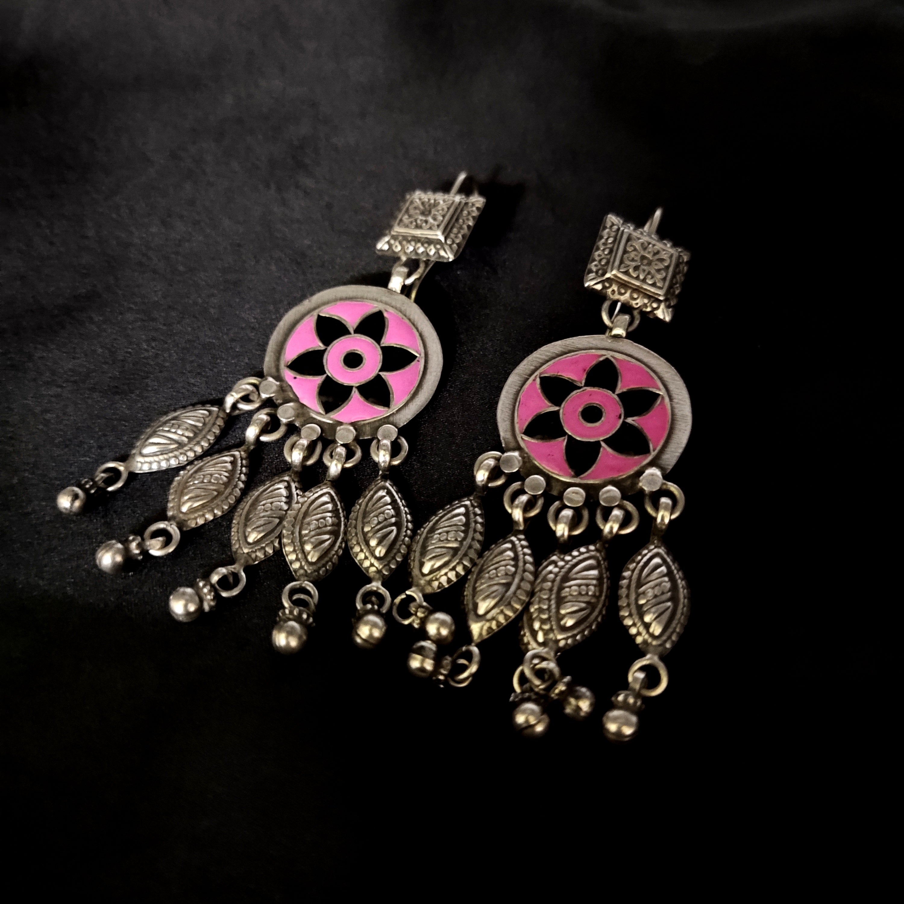 Edwardian Vintage Flower Print Old Style Solid 925 Silver Earring