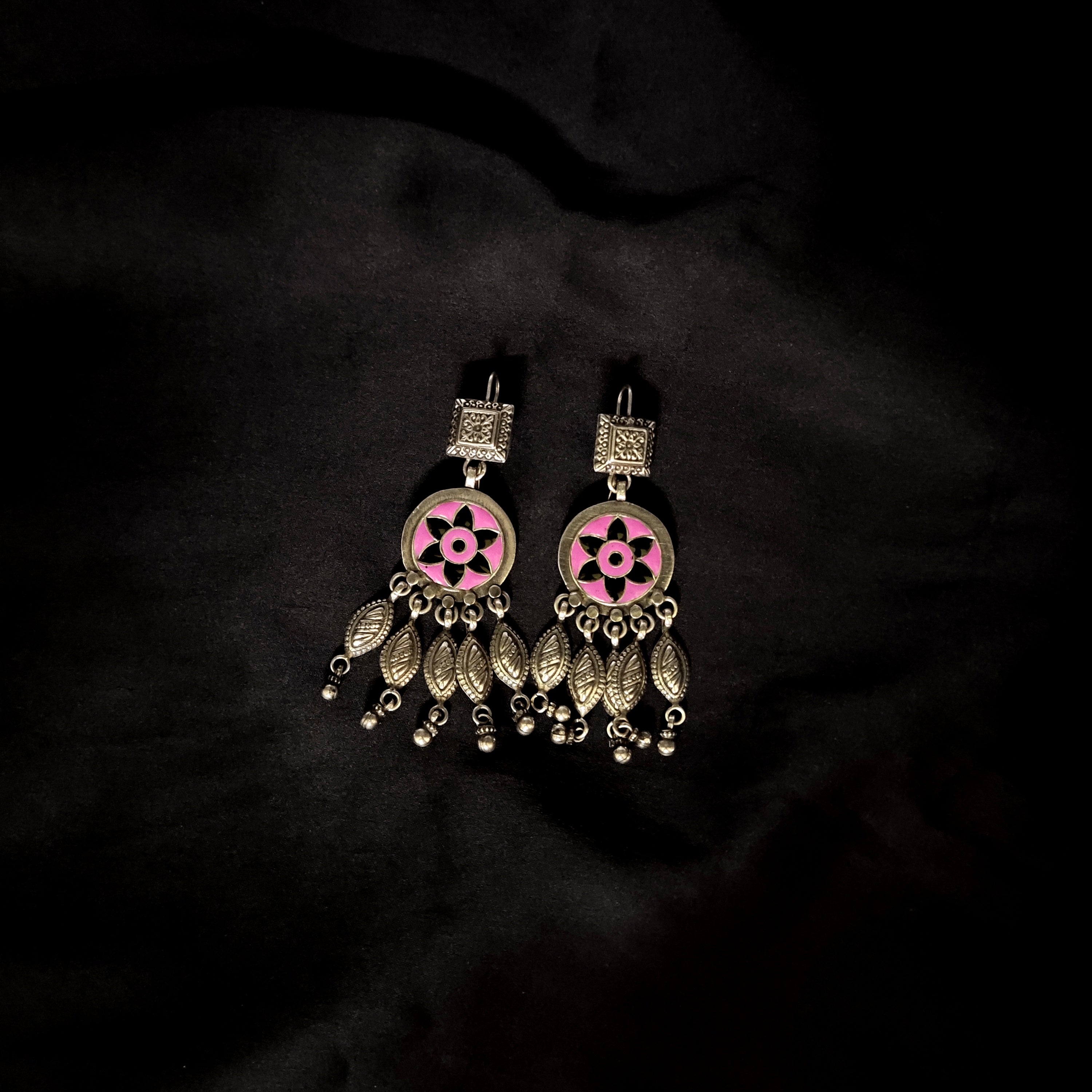 Edwardian Vintage Flower Print Old Style Solid 925 Silver Earring