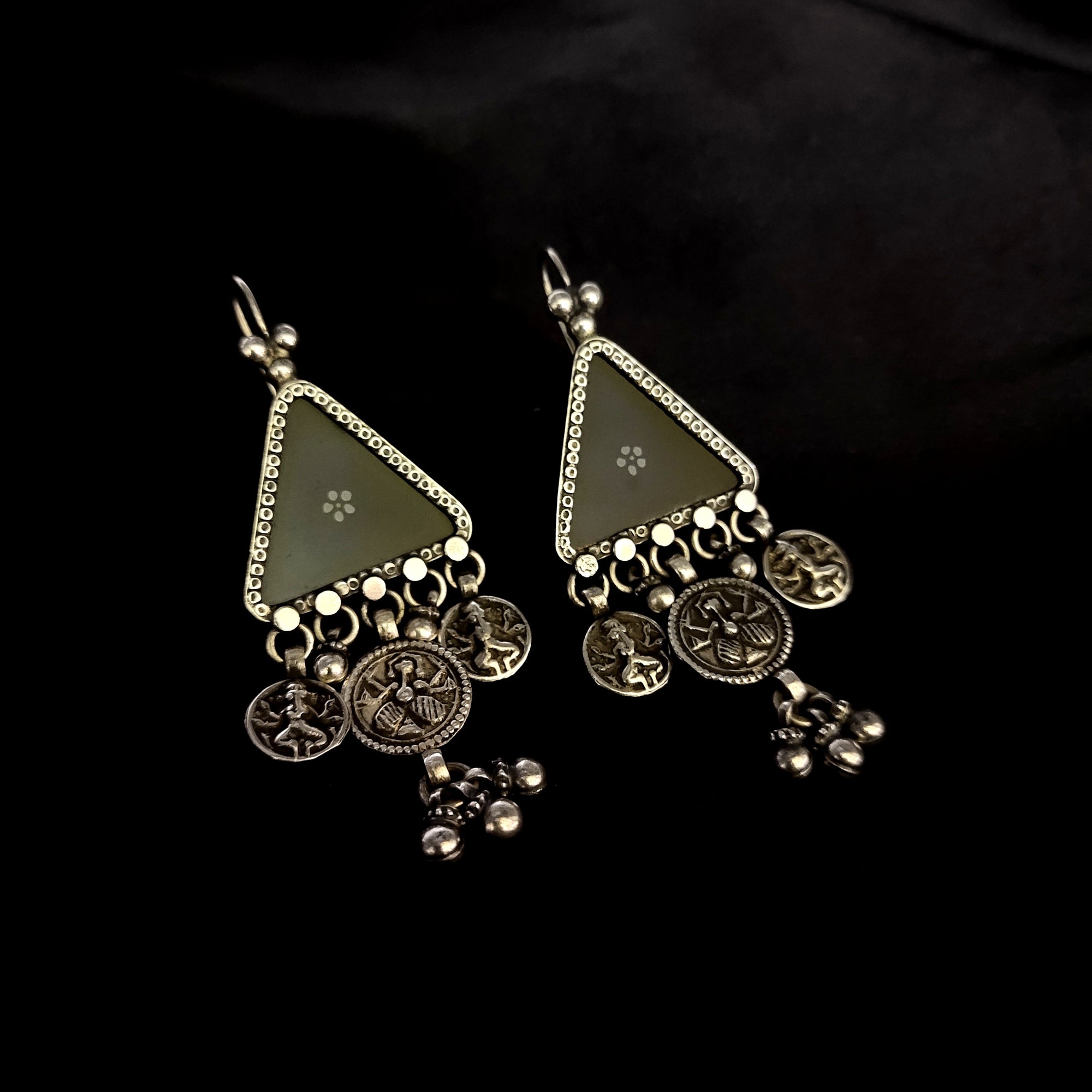 Solid Triangle With Triple Old Devi Maa Print Pure 925 Silver Earring
