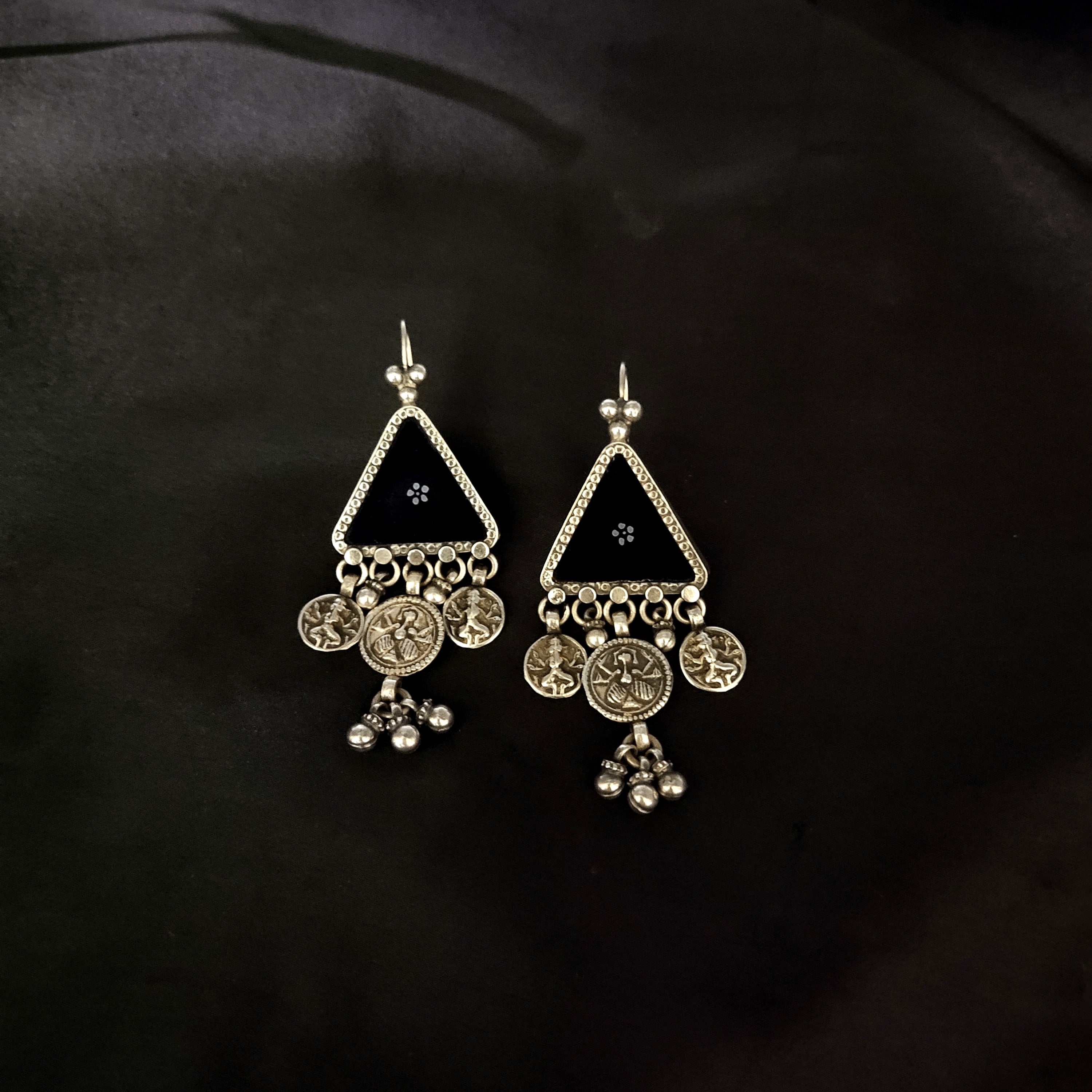 Solid Triangle With Triple Old Devi Maa Print Pure 925 Silver Earring