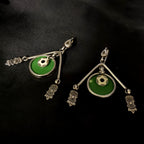 Antique V Shape With Green Circle Classt Hook Earring In Solid 925 Silver