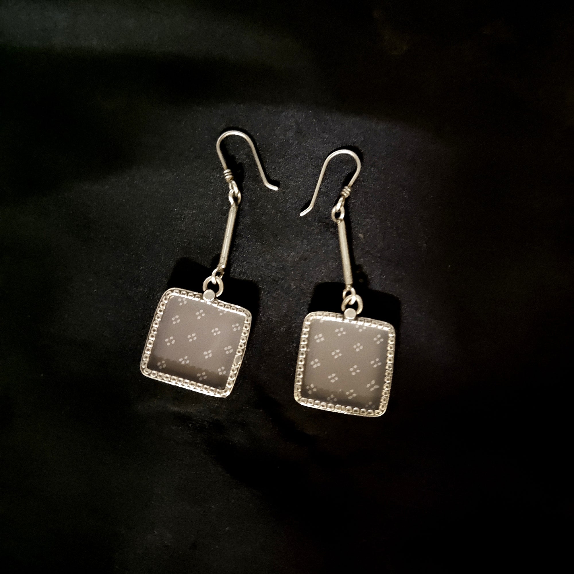 Simple Square Antique Printed Dangle Solid 925 Silver Earring