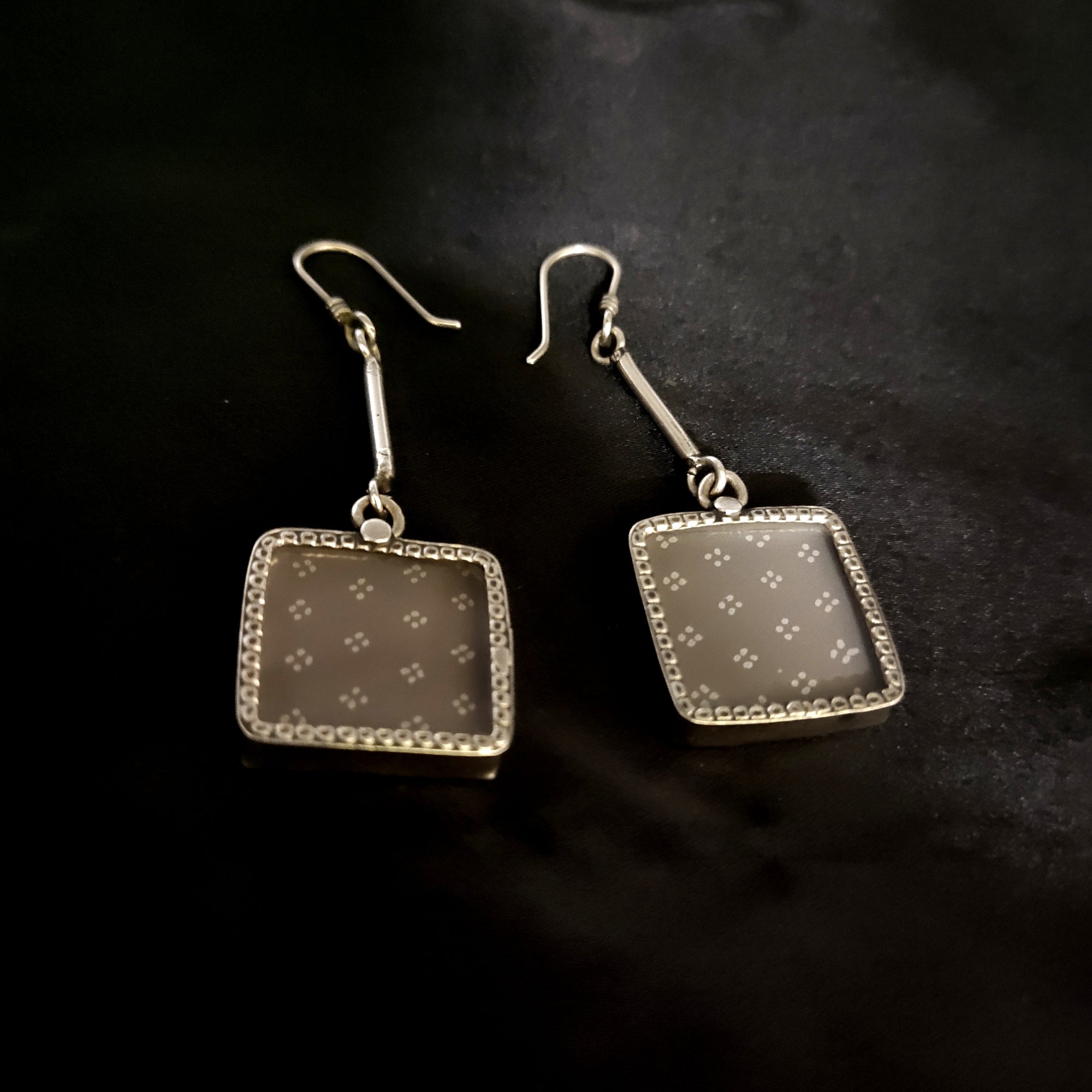 Simple Square Antique Printed Dangle Solid 925 Silver Earring