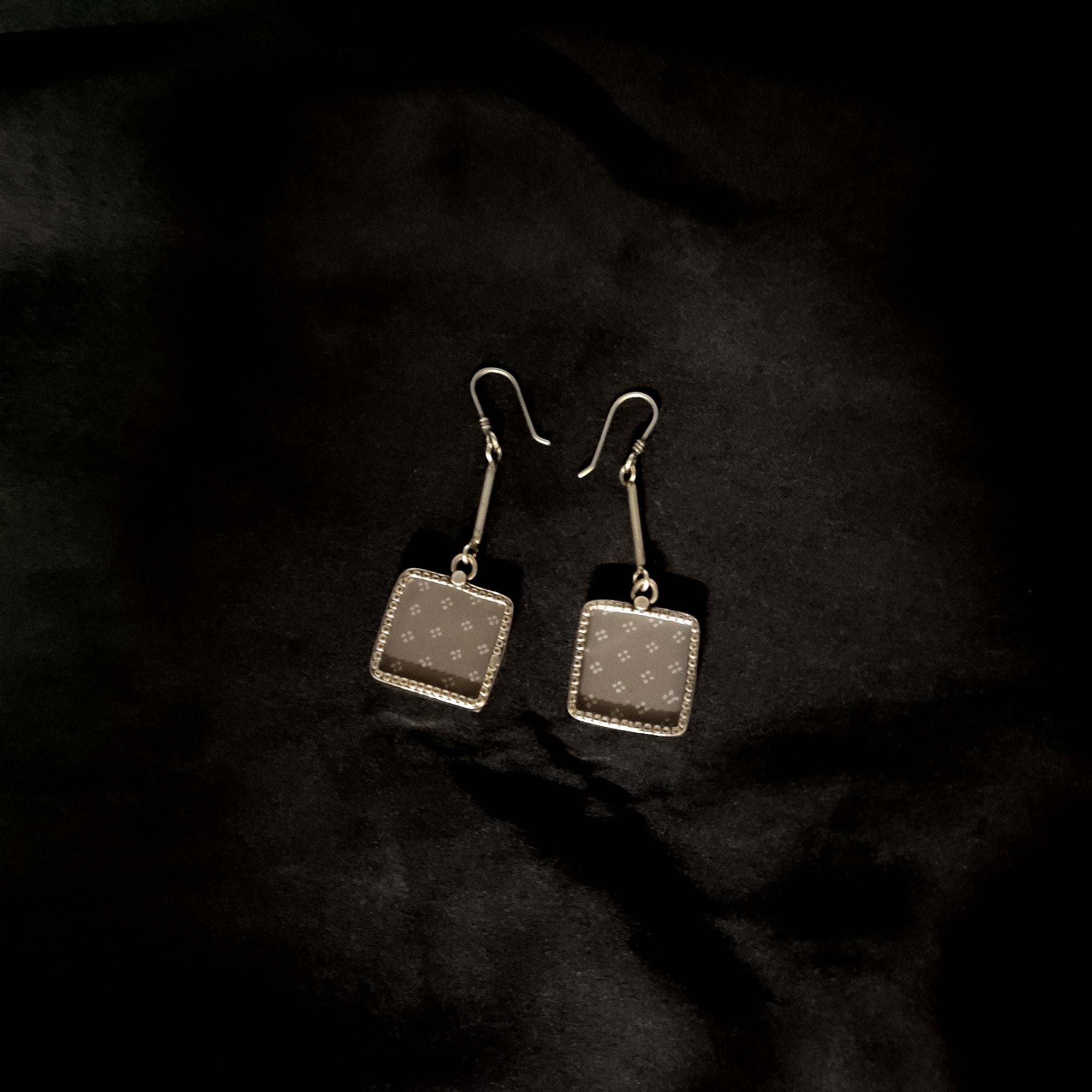 Simple Square Antique Printed Dangle Solid 925 Silver Earring