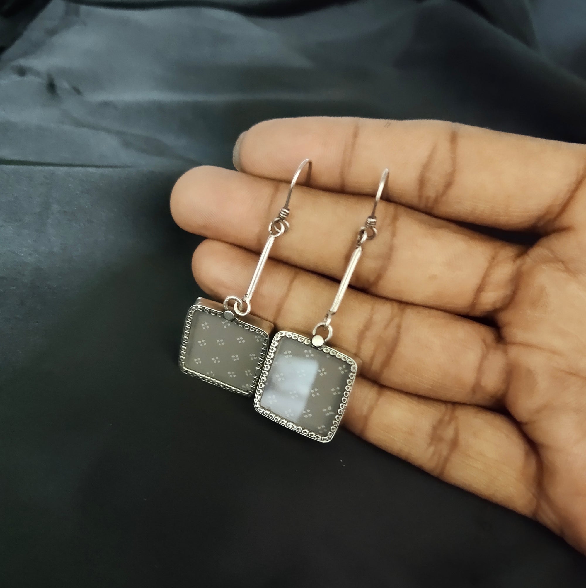 Simple Square Antique Printed Dangle Solid 925 Silver Earring
