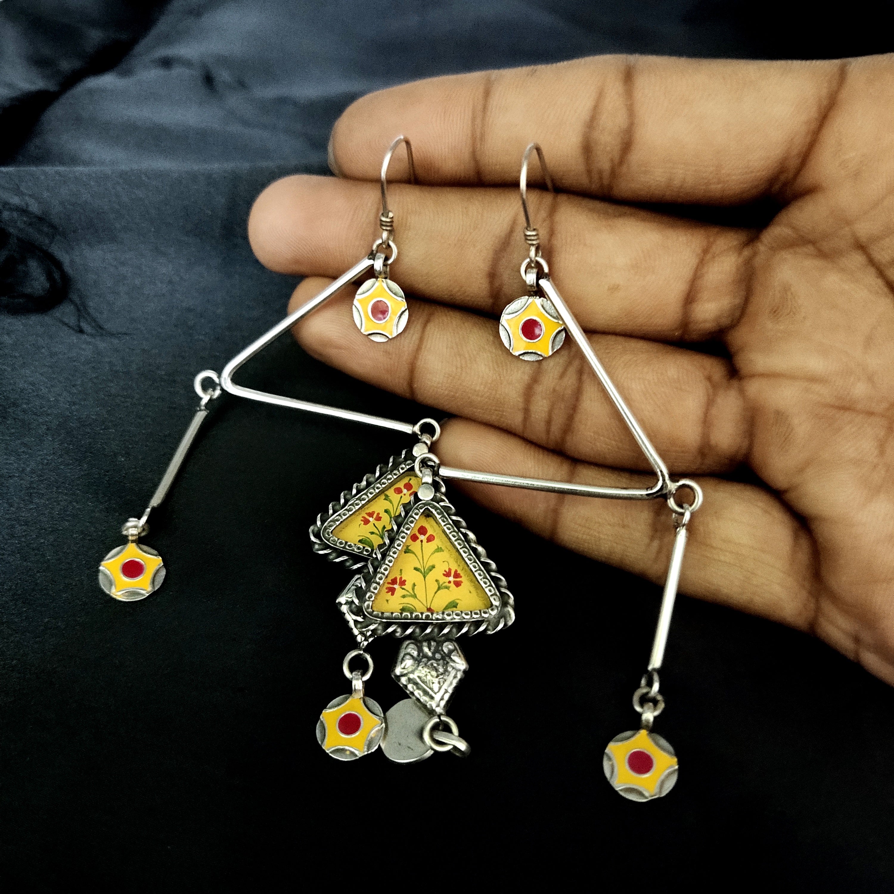 Geometric Antique Design Yellow Triangle Solid 925 Silver Earring