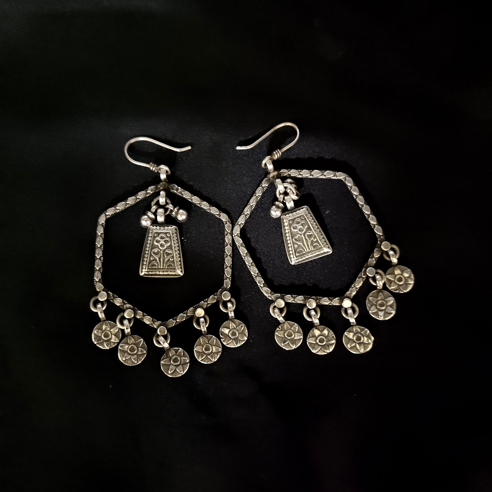 Antique Handmade Hexagon Design Flower Dangle Solid 925 Silver Earring