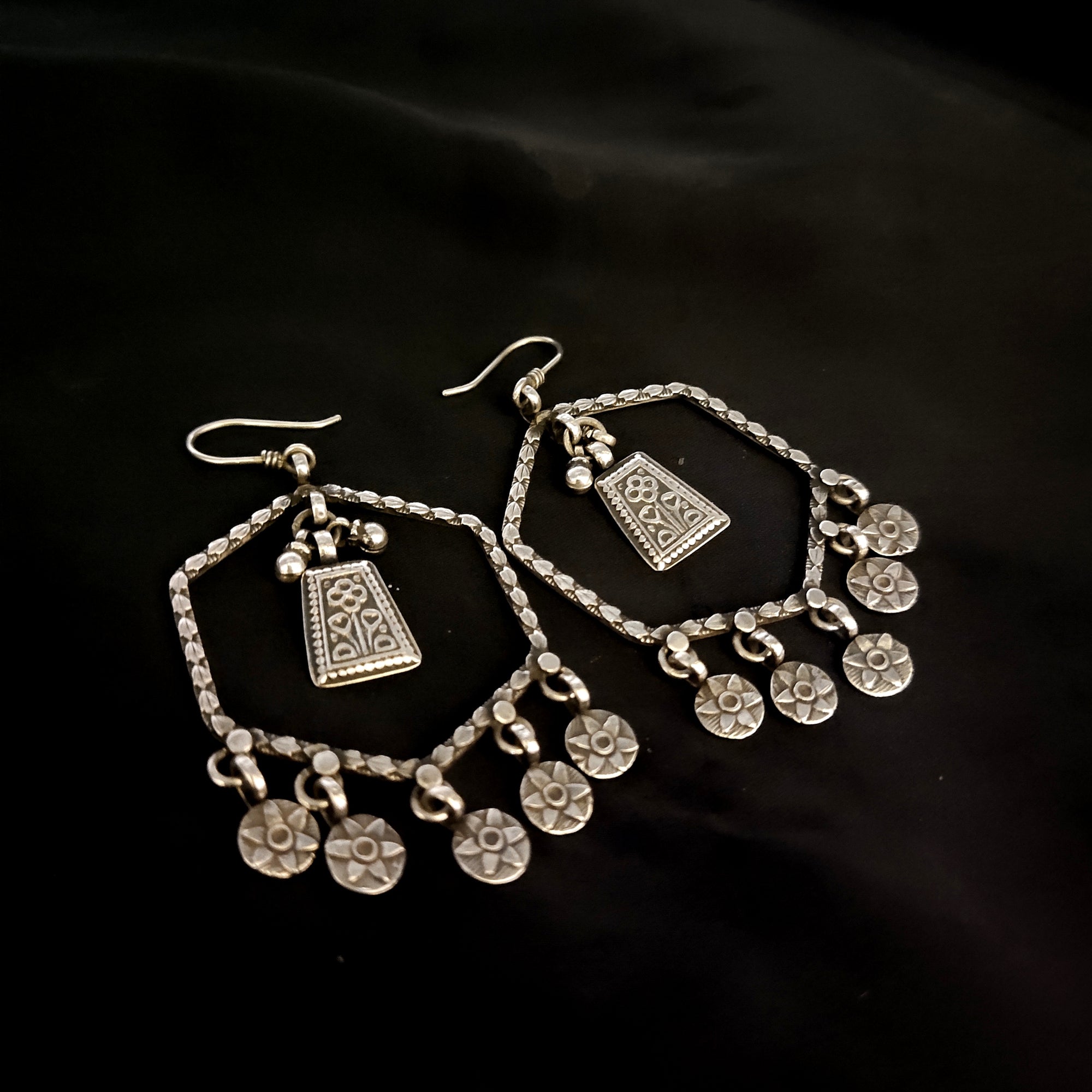 Antique Handmade Hexagon Design Flower Dangle Solid 925 Silver Earring