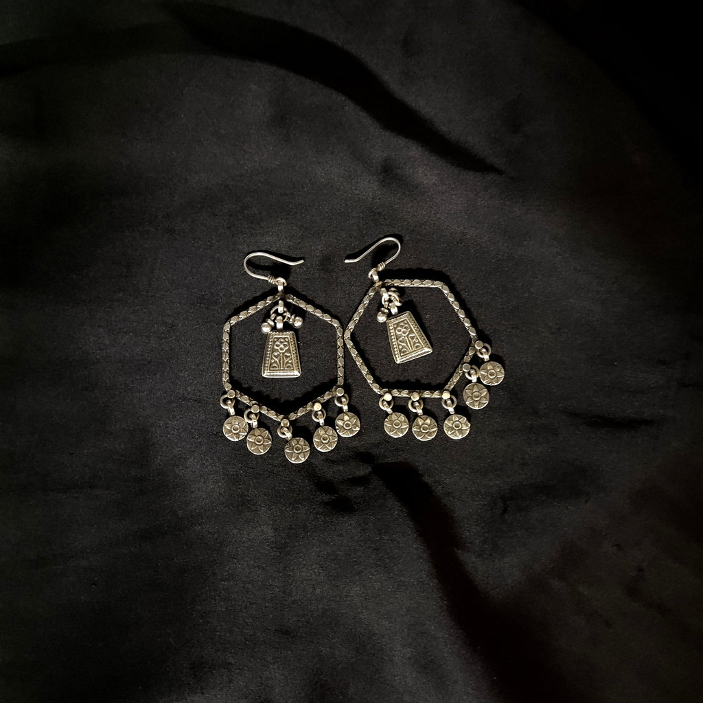 Antique Handmade Hexagon Design Flower Dangle Solid 925 Silver Earring