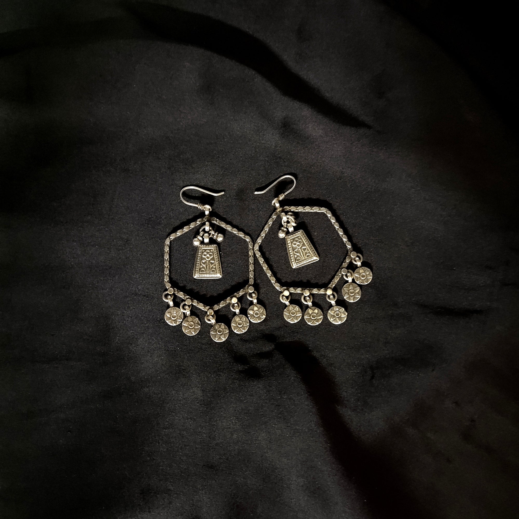 Antique Handmade Hexagon Design Flower Dangle Solid 925 Silver Earring