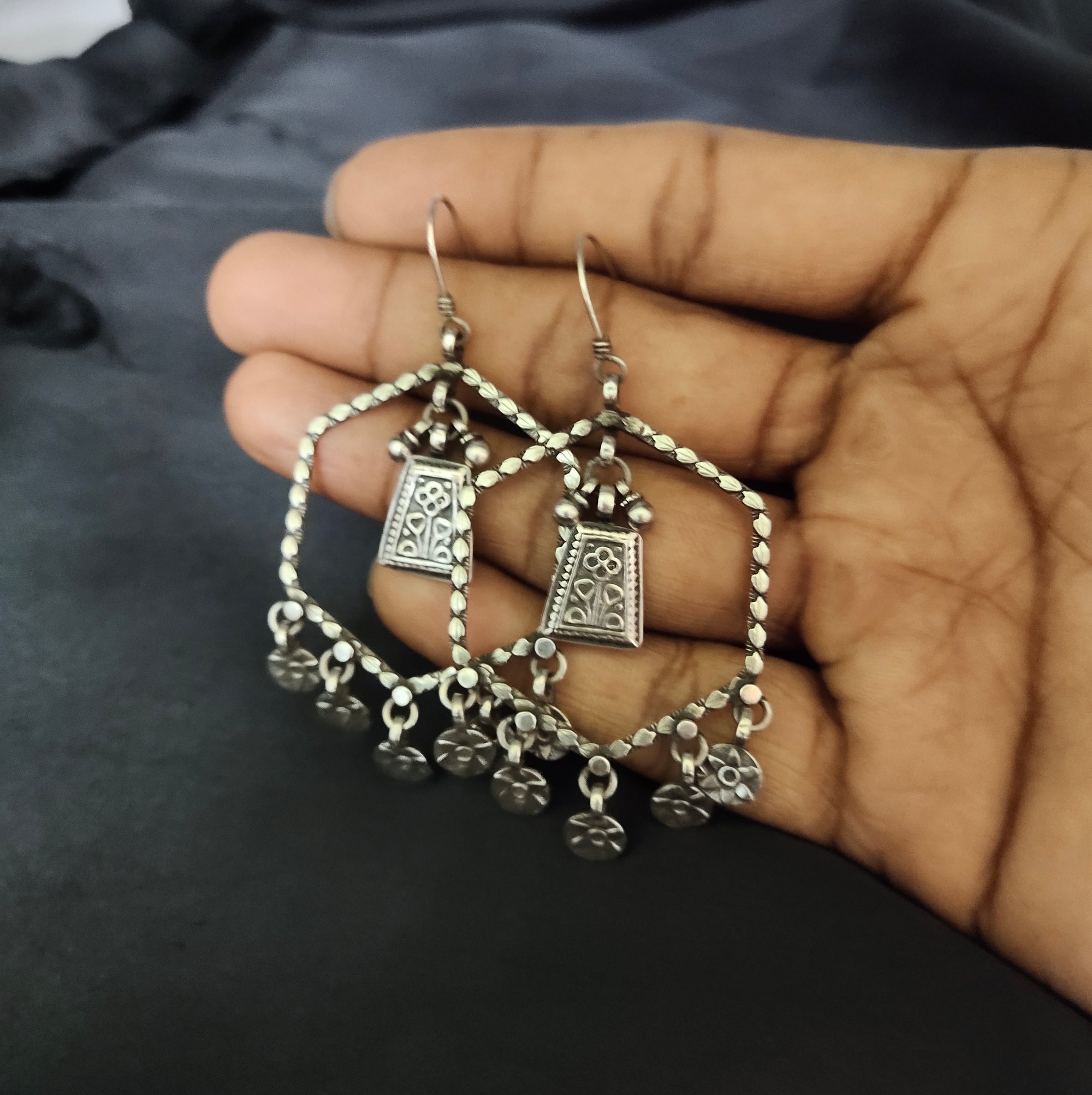 Antique Handmade Hexagon Design Flower Dangle Solid 925 Silver Earring