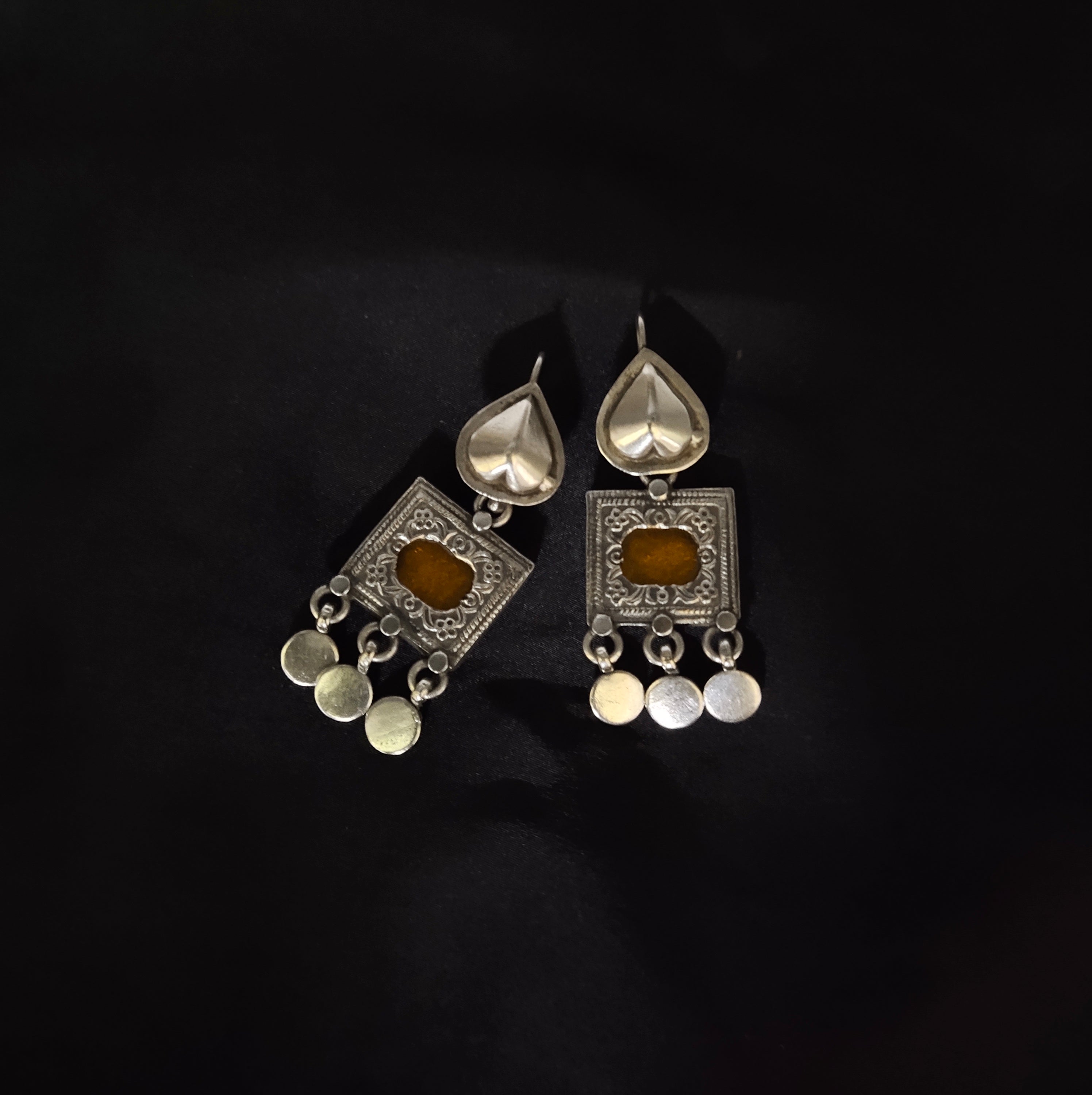 Antique Rajwadi Style Square & Heart Shape Solid 925 Silver Earring