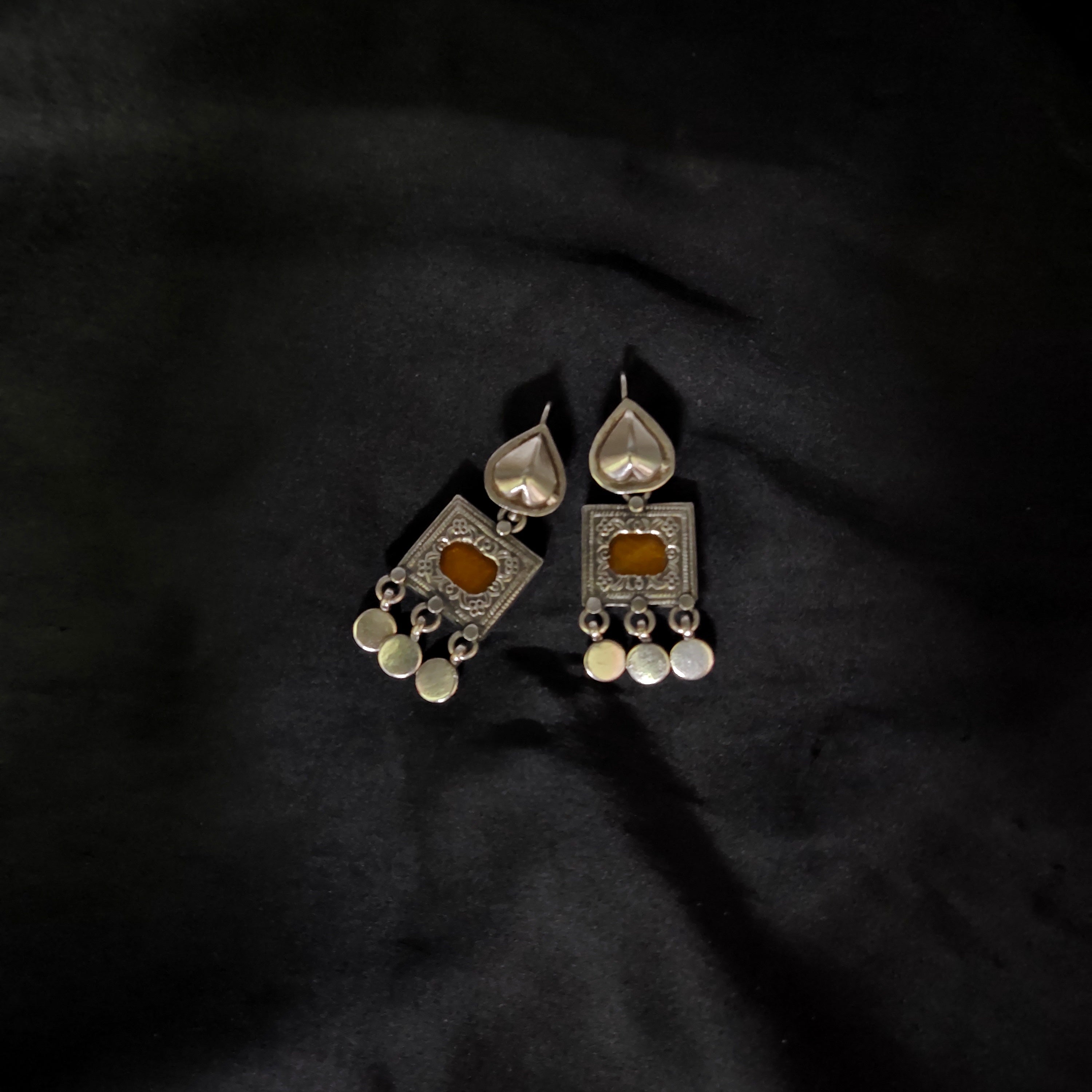 Antique Rajwadi Style Square & Heart Shape Solid 925 Silver Earring