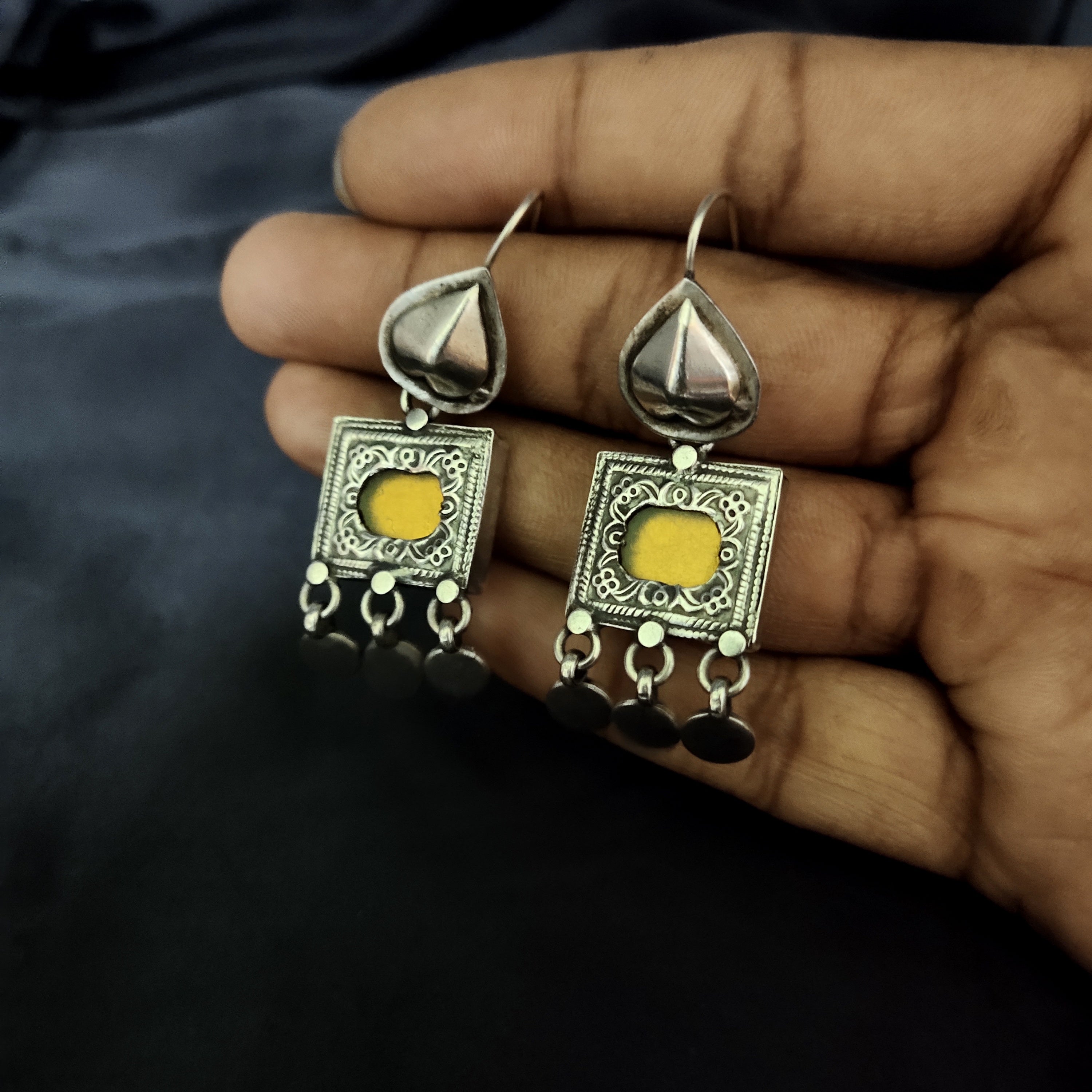 Antique Rajwadi Style Square & Heart Shape Solid 925 Silver Earring