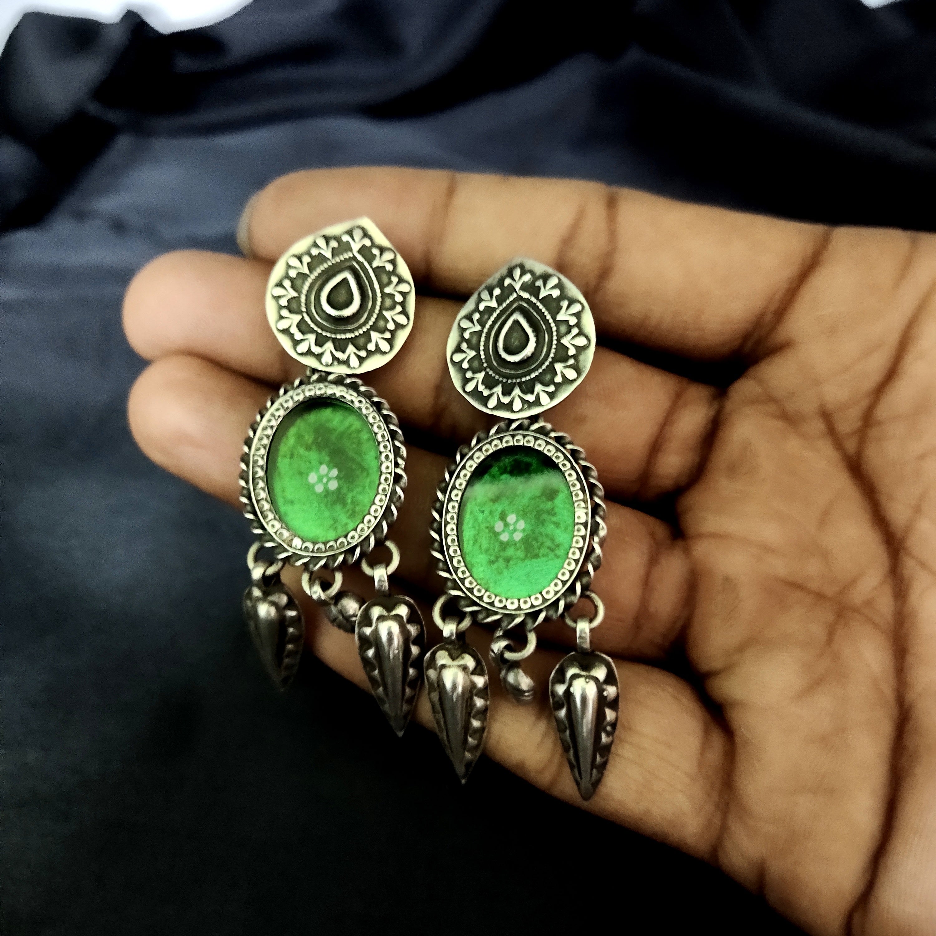 Fully Antique Handmade Design Pear & Oval Shape Vintage Style 925 Silver Earring