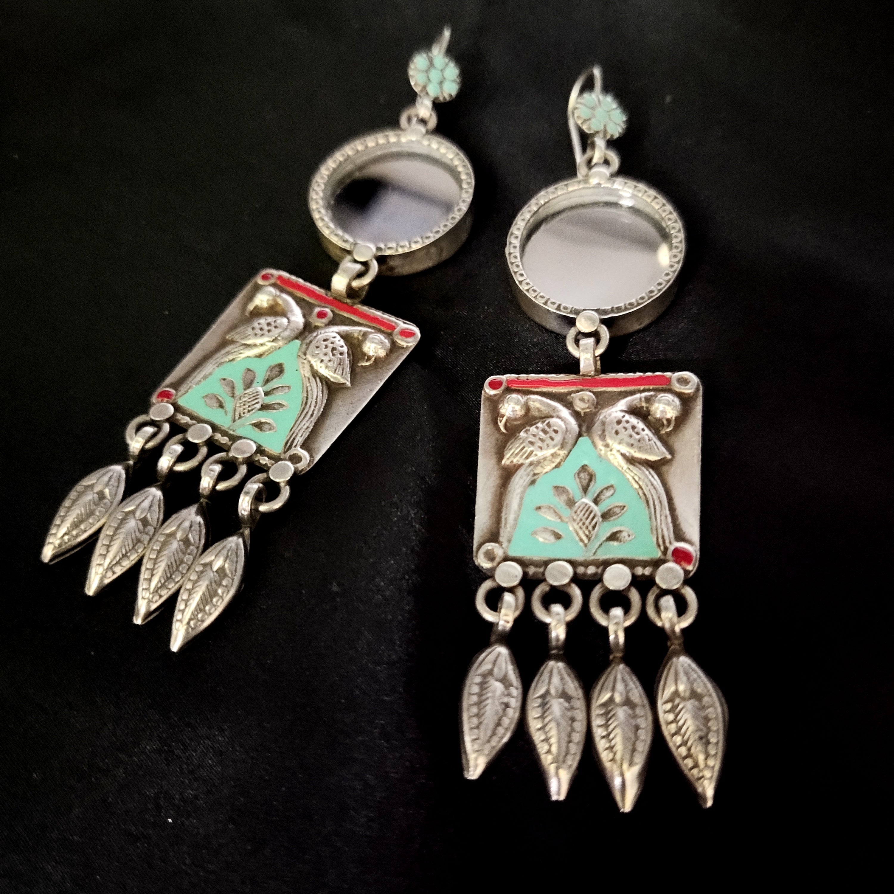 Handcrafted Vintage Style Shiny Mirror With Double Peacock 925 Silver Earring