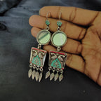 Handcrafted Vintage Style Shiny Mirror With Double Peacock 925 Silver Earring