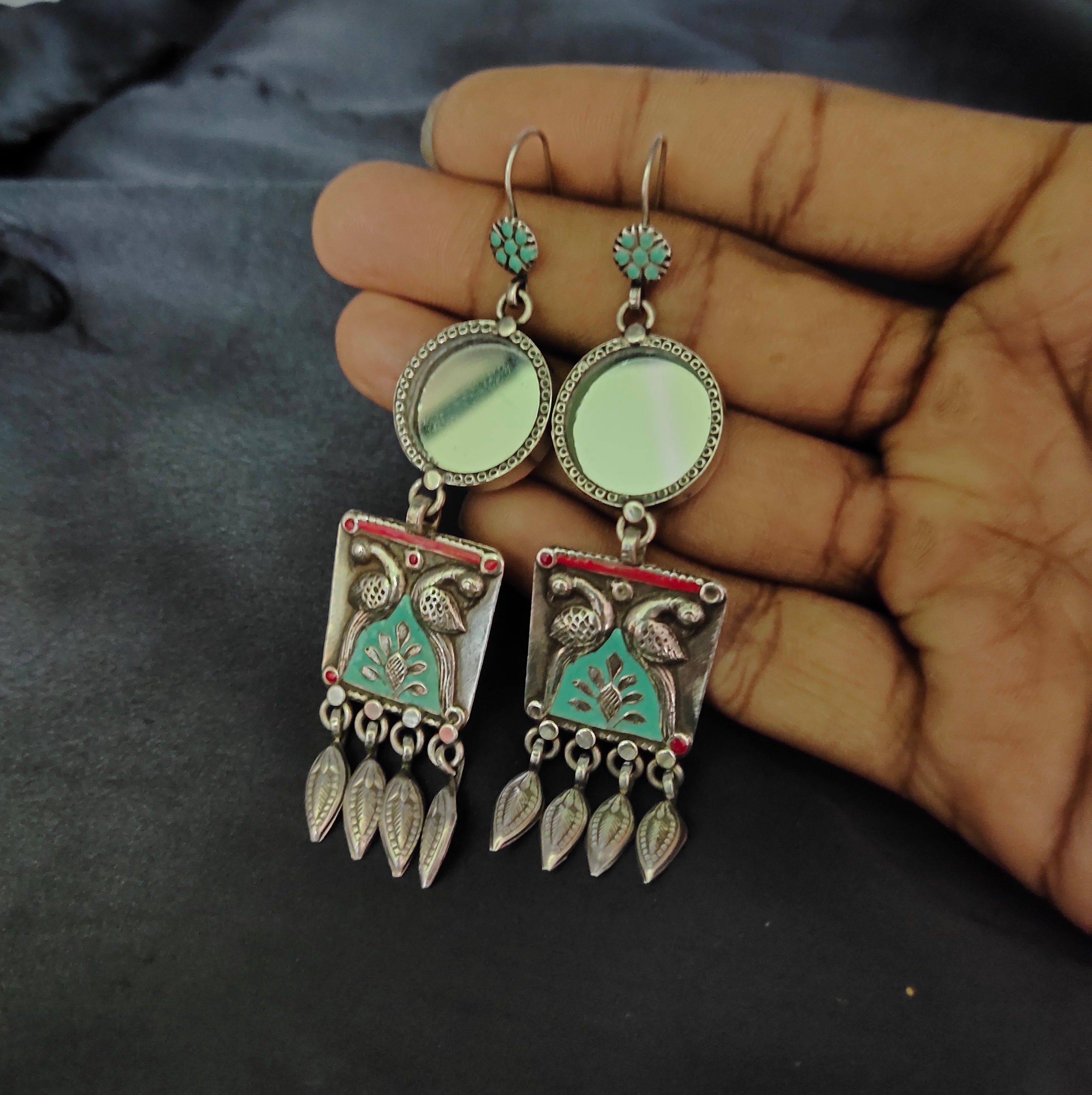 Handcrafted Vintage Style Shiny Mirror With Double Peacock 925 Silver Earring