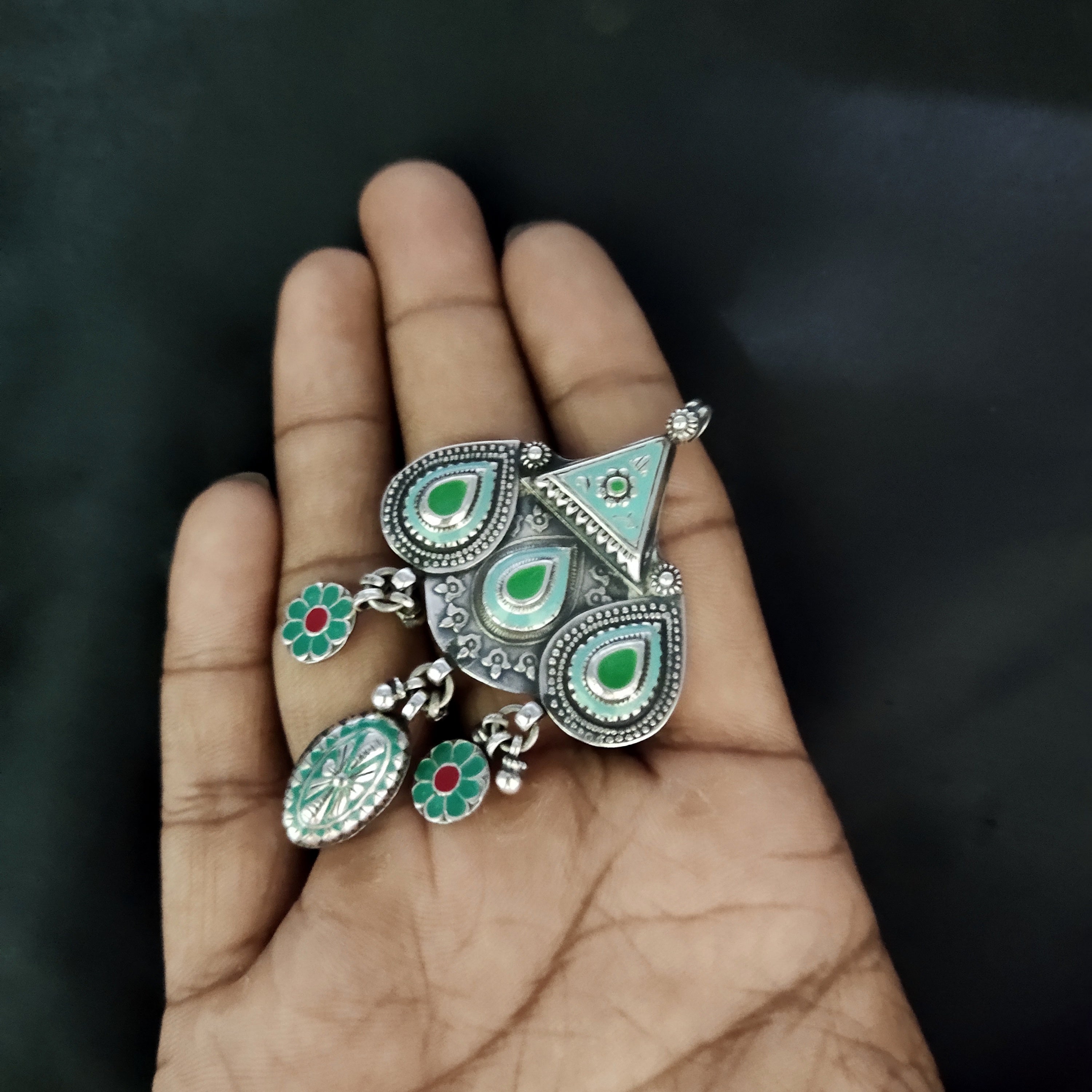 Classy Triple Pear Design Flower Dangle Antique Solid 925 Silver Pendant