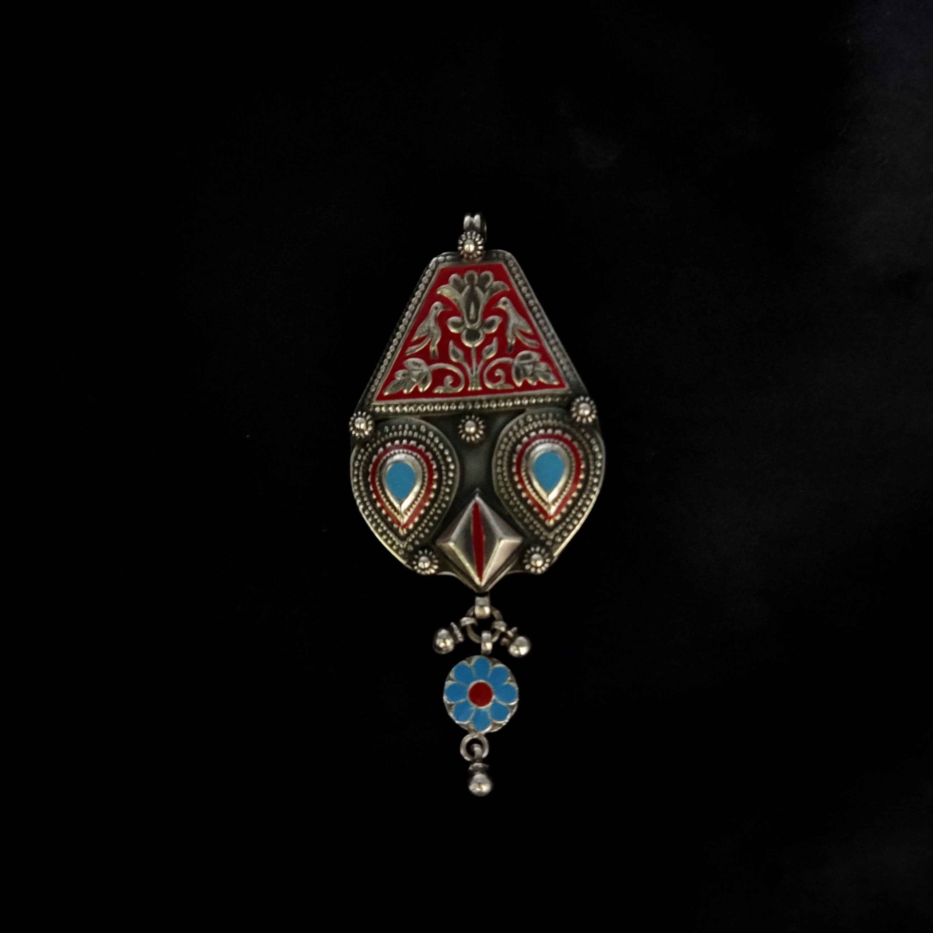 Dark Red Filigree Design With Two Antique Pear Solid 925 Silver Pendant