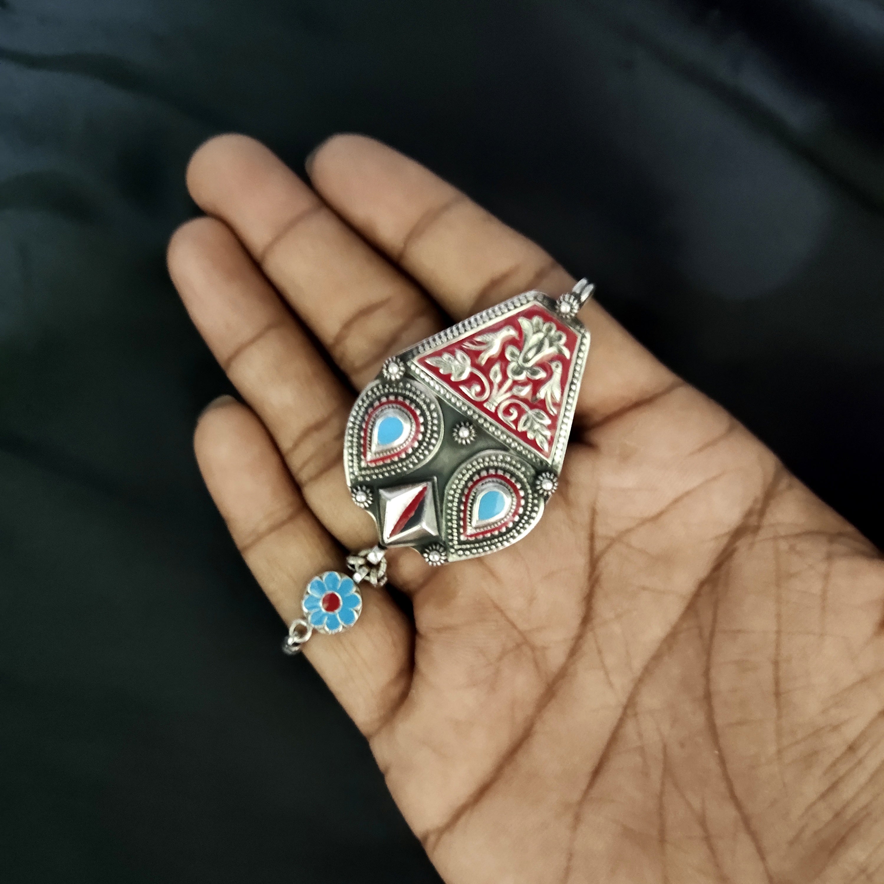 Dark Red Filigree Design With Two Antique Pear Solid 925 Silver Pendant