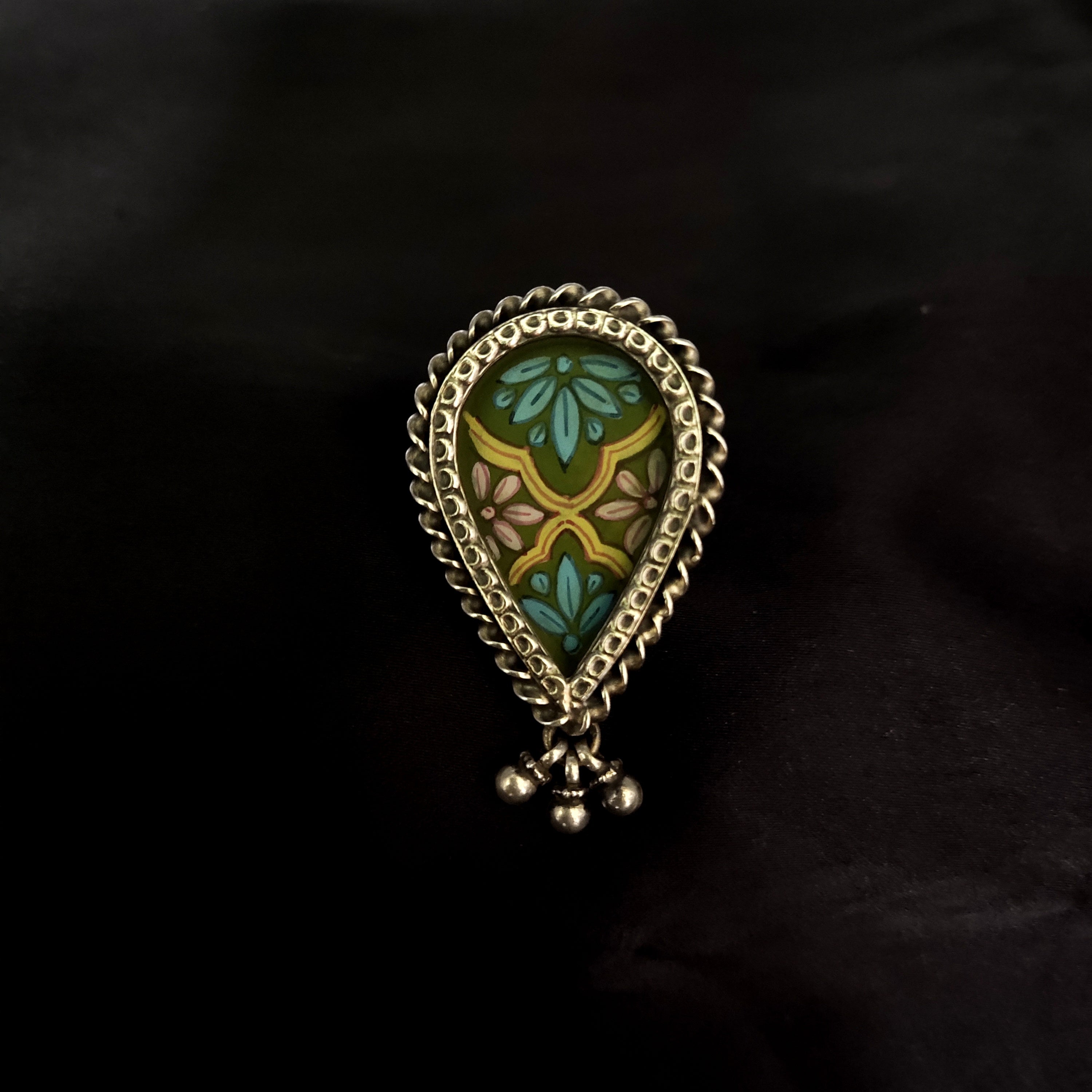 Beautiful Pear Shape With Floral Print & Ghungroo 925 Solid Silver Adjustable Ring