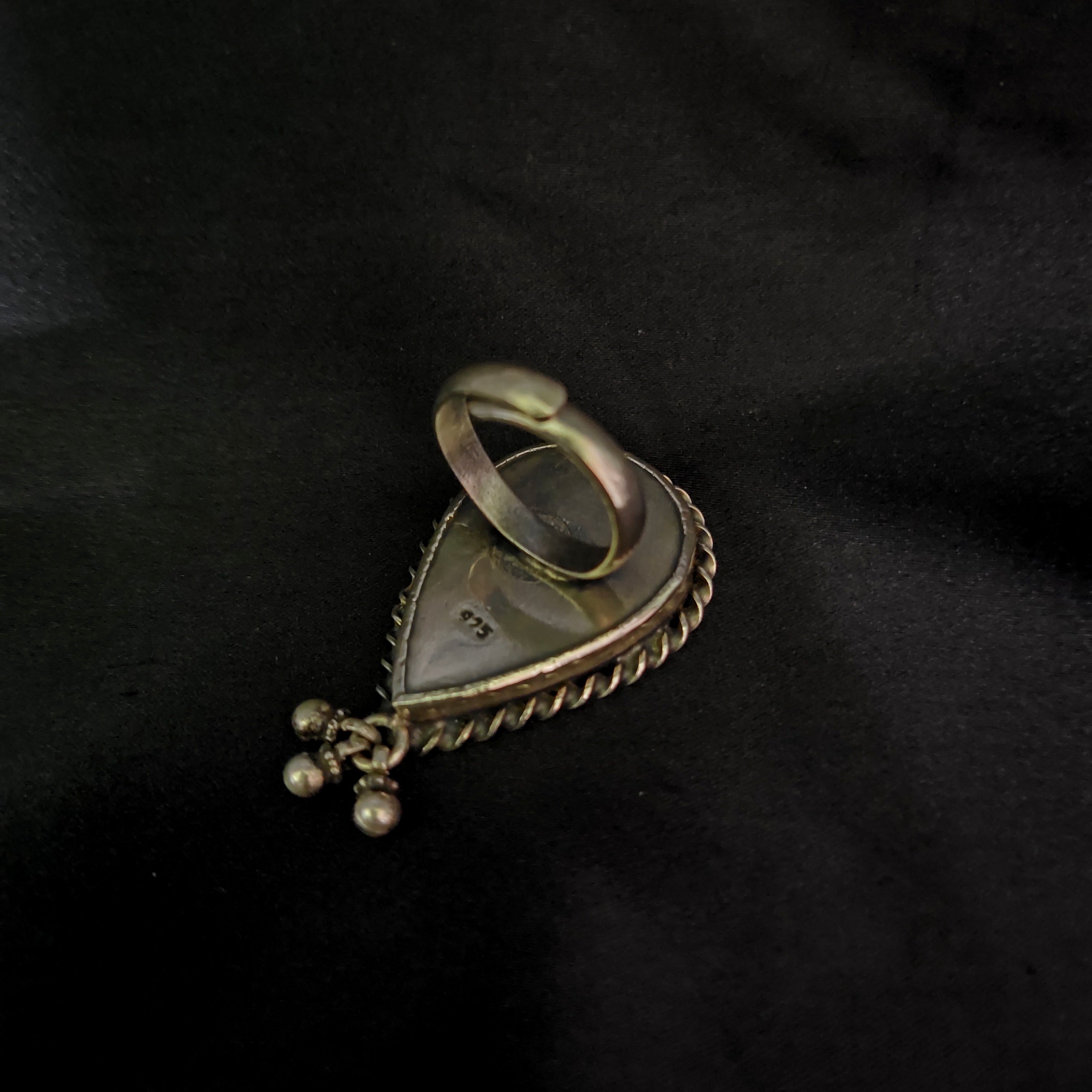 Beautiful Pear Shape With Floral Print & Ghungroo 925 Solid Silver Adjustable Ring