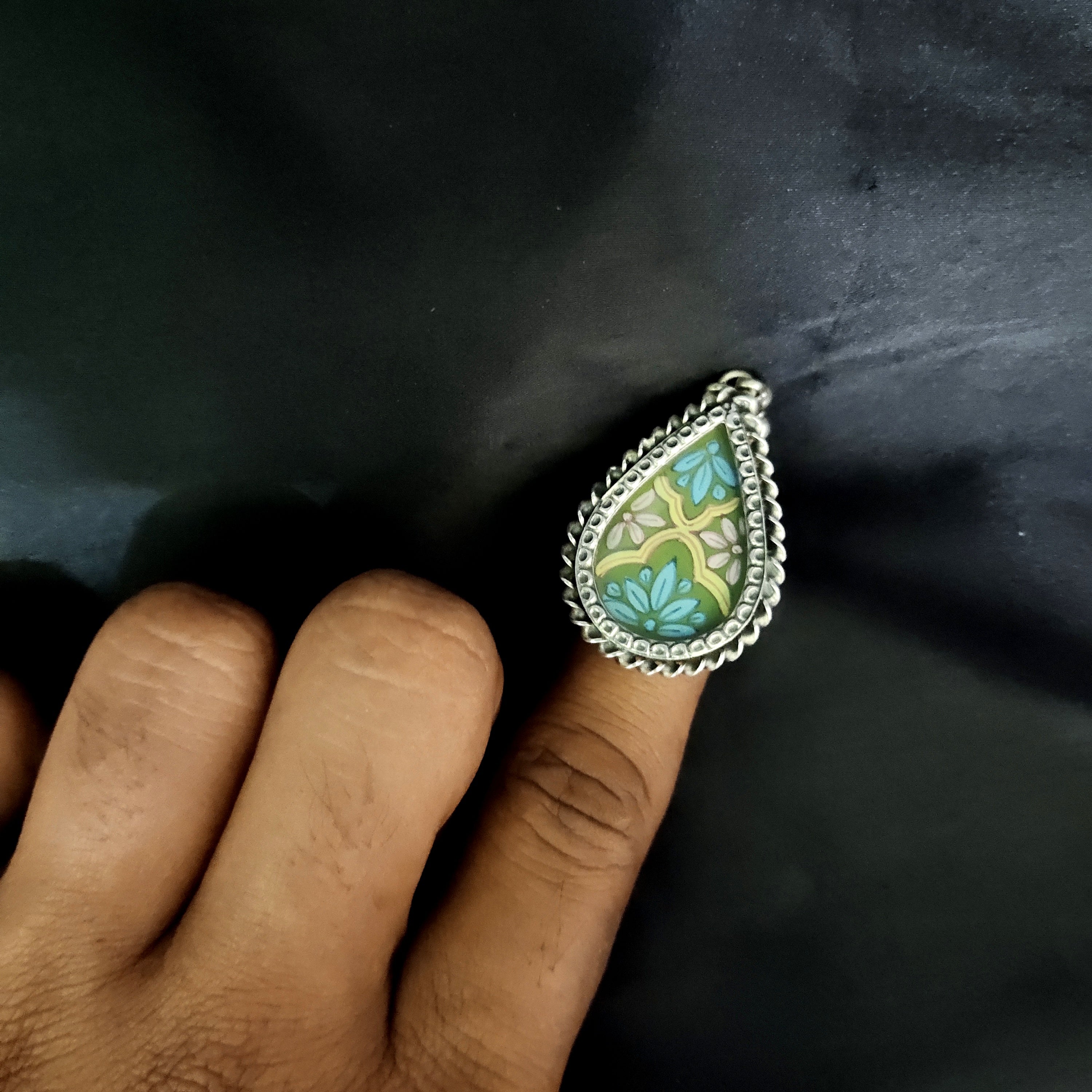 Beautiful Pear Shape With Floral Print & Ghungroo 925 Solid Silver Adjustable Ring