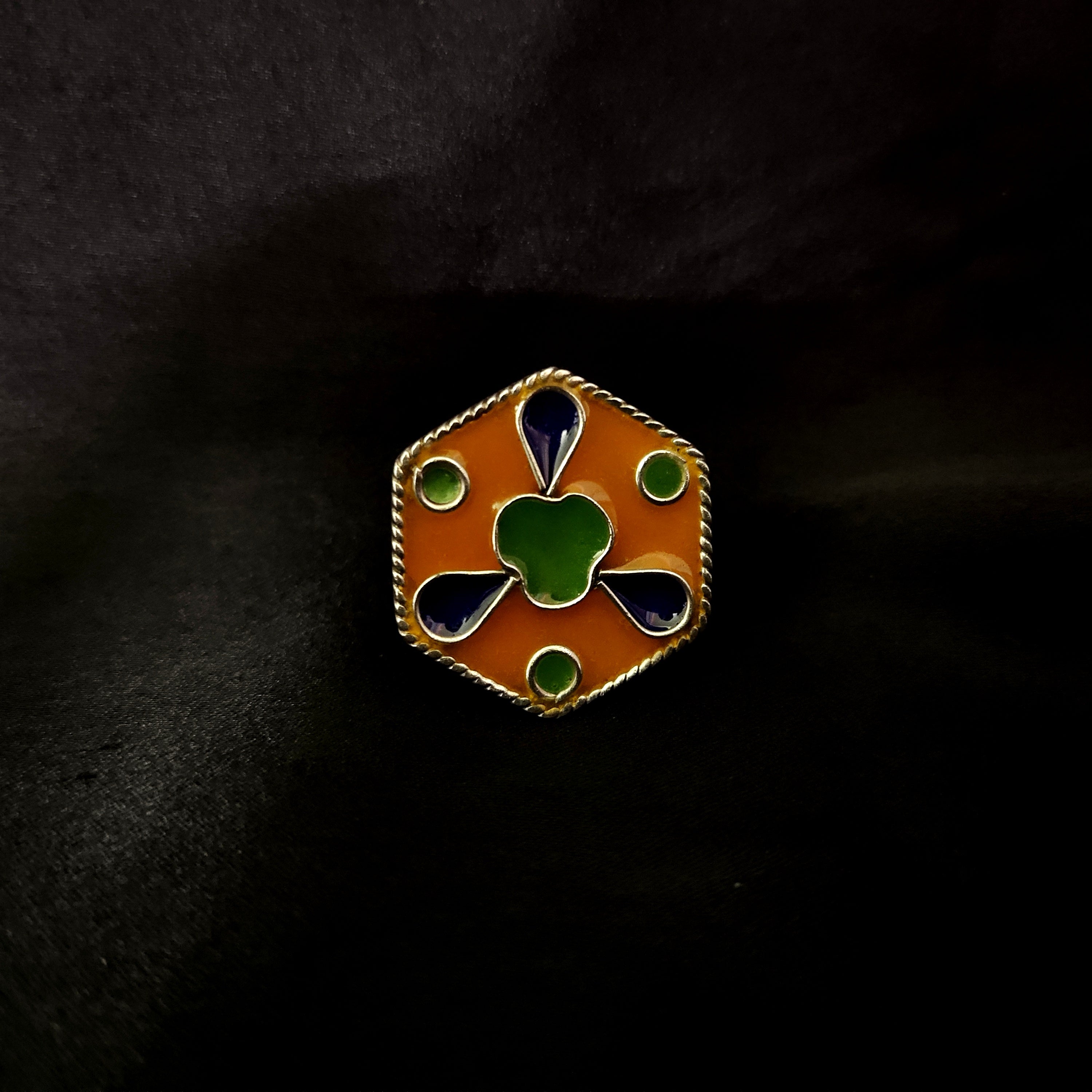 Handmade Hexagon Shape Yellow, Green & Blue 925 Solid Silver Adjustable Ring