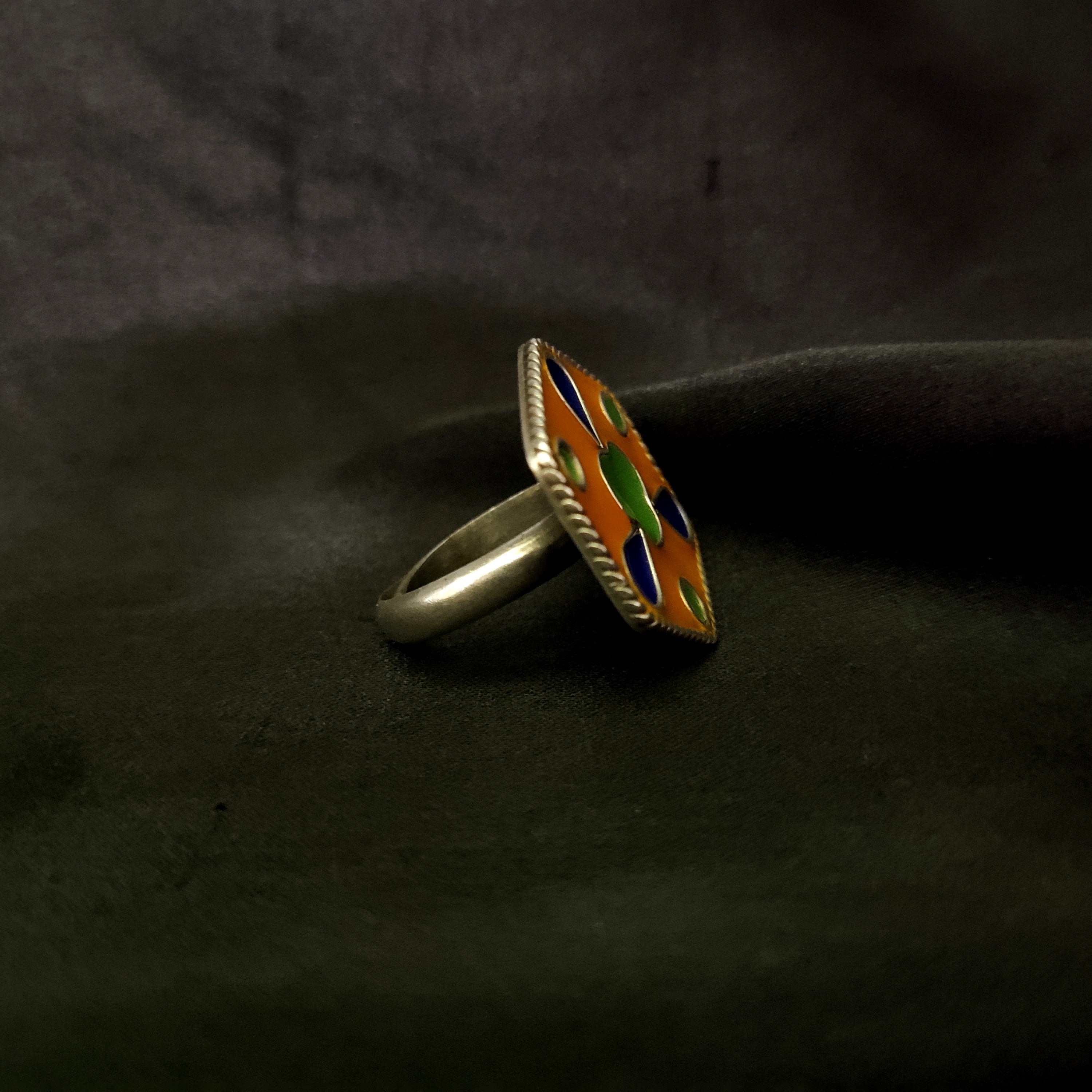 Handmade Hexagon Shape Yellow, Green & Blue 925 Solid Silver Adjustable Ring