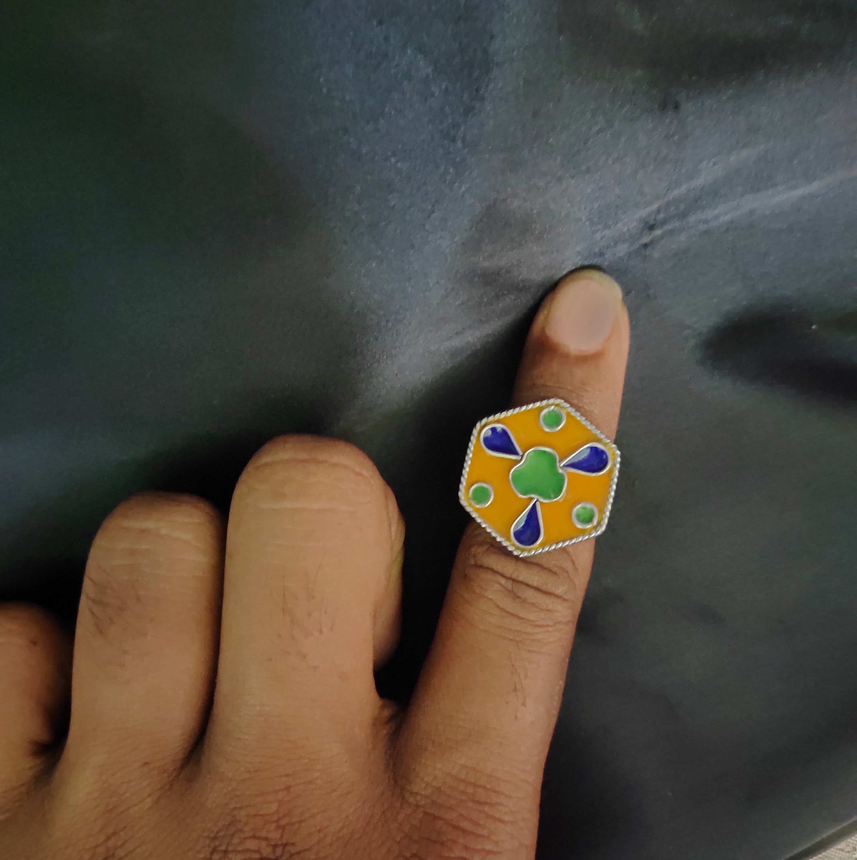 Handmade Hexagon Shape Yellow, Green & Blue 925 Solid Silver Adjustable Ring